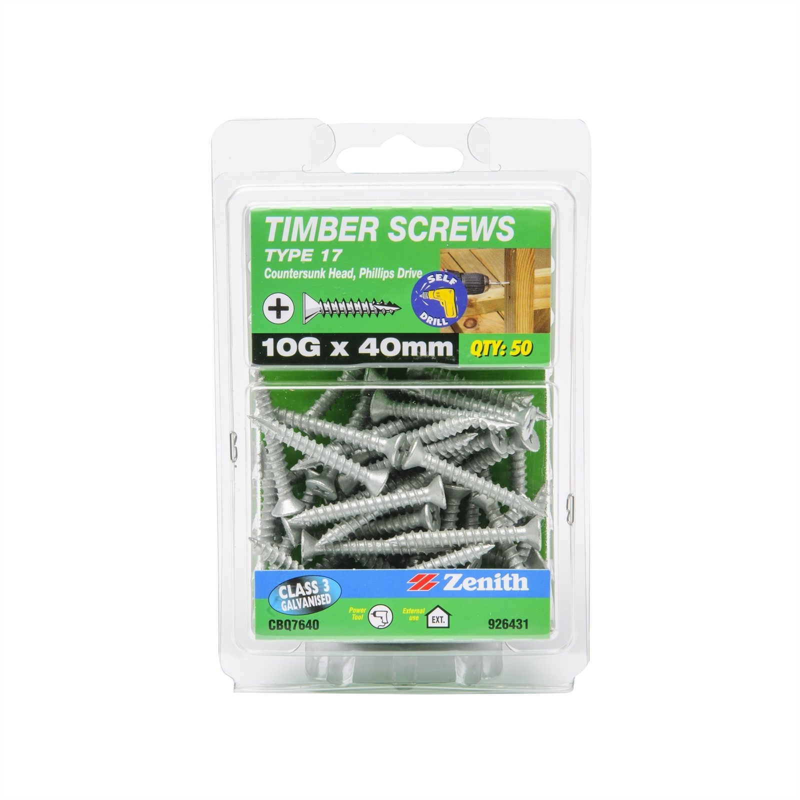 Zenith 10G x 40mm Galvanised Type 17 Countersunk Head Timber Screws - 50 pieces