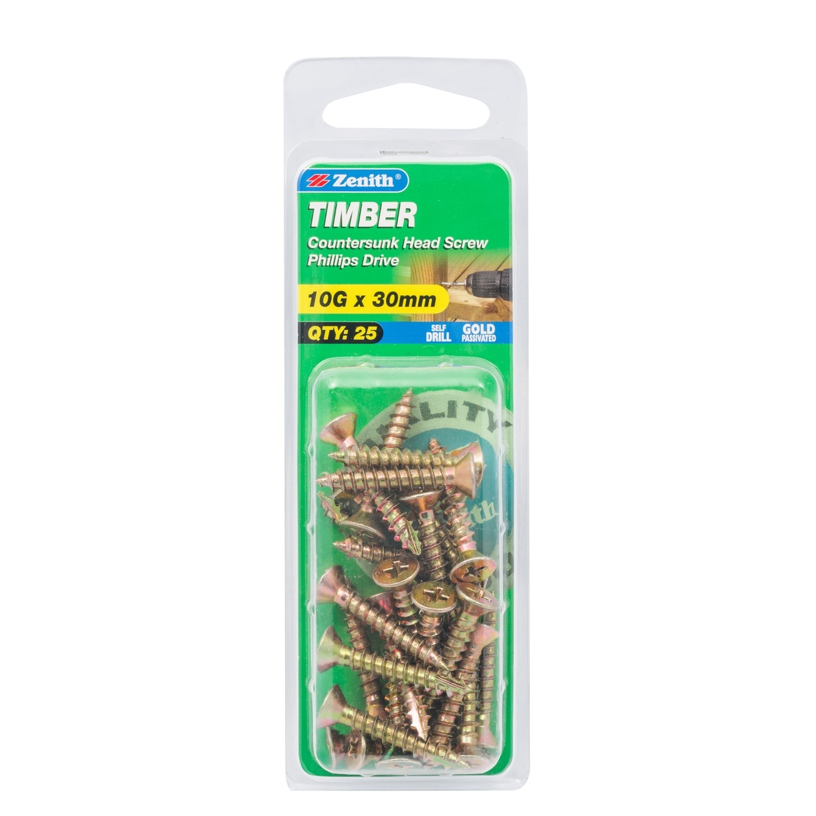 Zenith 10G x 30mm Gold Passivated Countersunk Head Timber Screws - 25 pieces