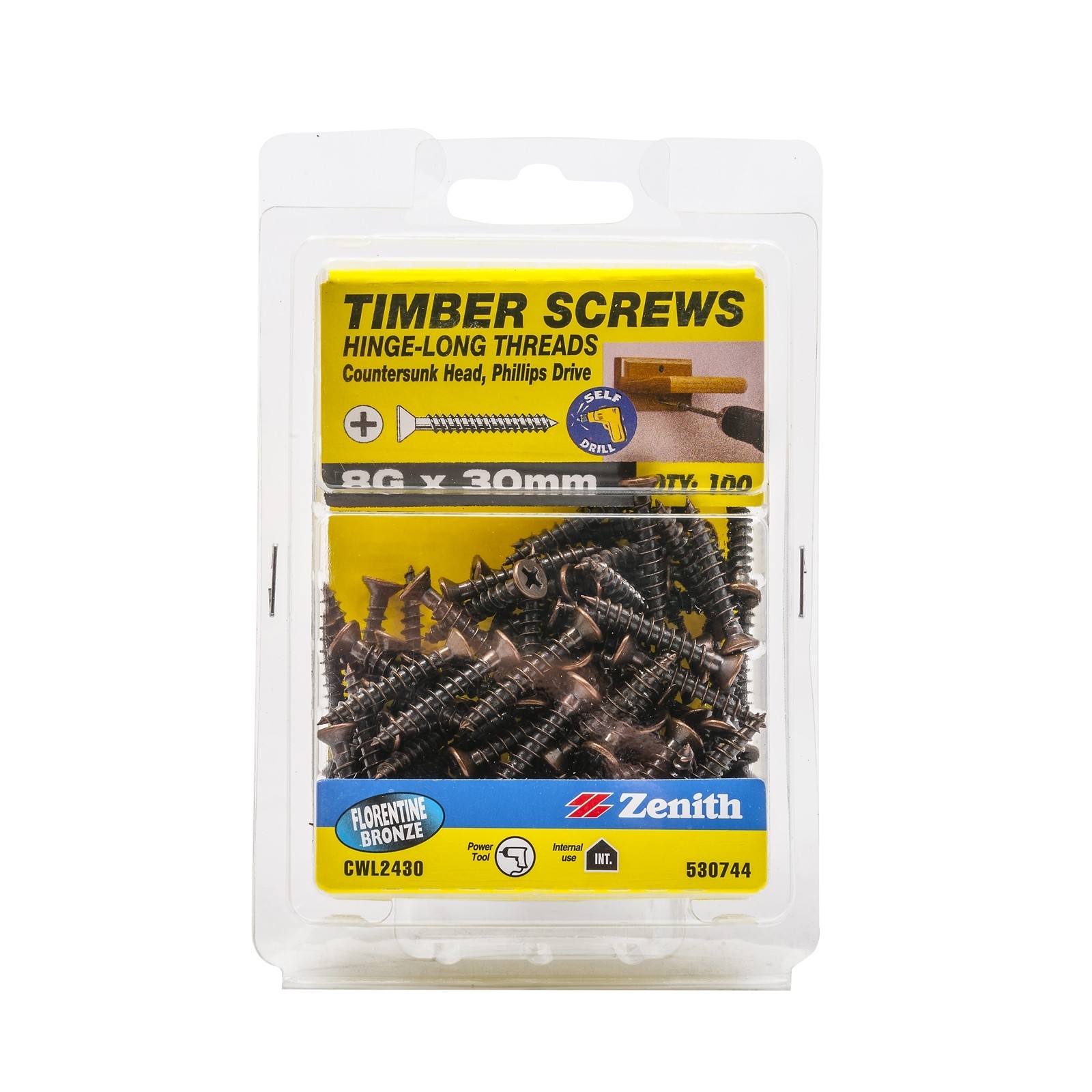Zenith 8G x 30mm Florentine Bronze Hinge-Long Thread Timber Screws - 100 pieces