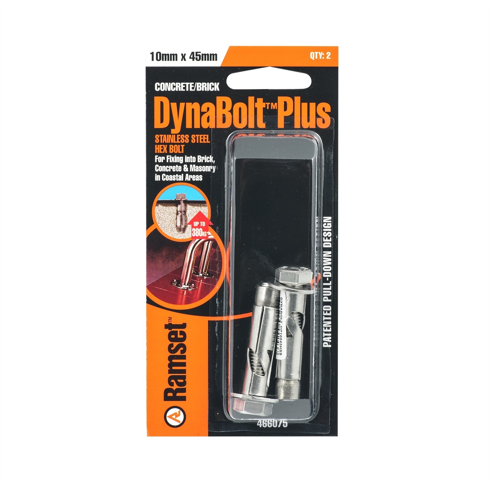Ramset 10 x 45mm Stainless Steel DynaBolt Plus Hex Nut Bolt - 2 pieces