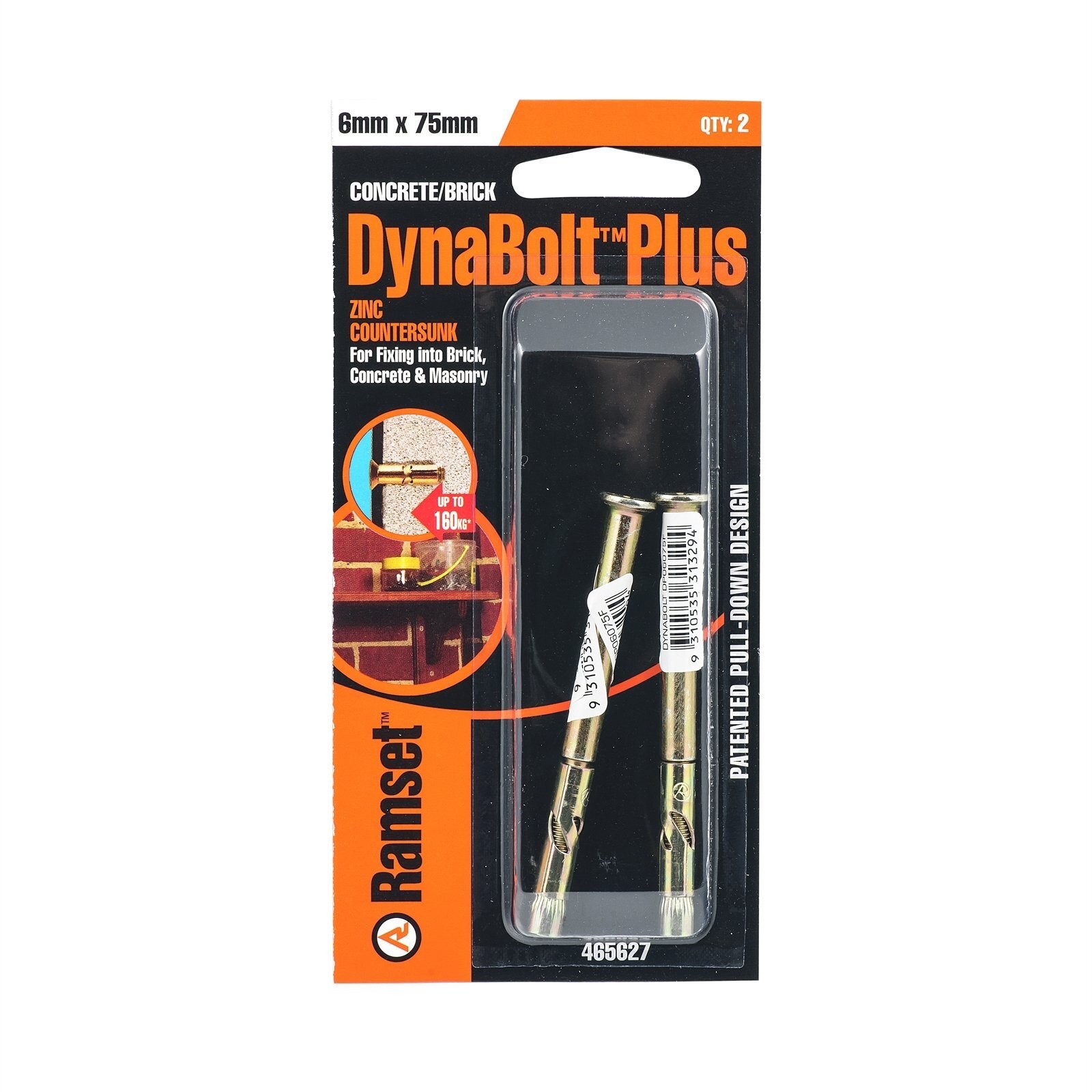 Ramset 6 x 75mm DynaBolt Plus Flat Head Bolt - 2 pieces