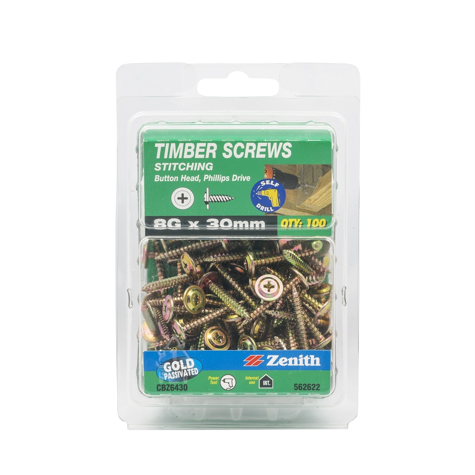 Zenith 8G x 30mm Gold Passivated Button Head Timber Screws - 100 pieces