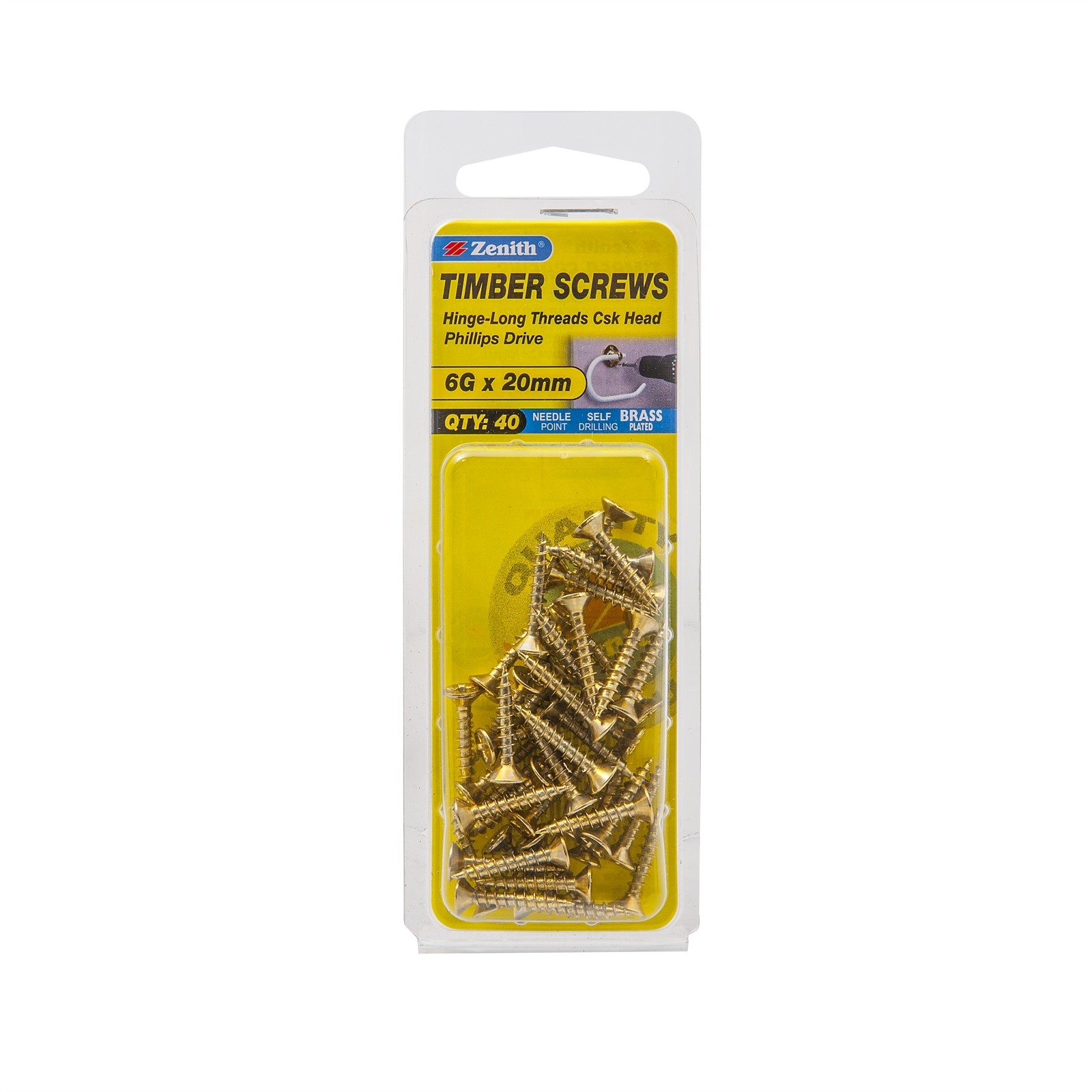 Zenith 6G x 20mm Brass Plated Hinge-Long Threads Countersunk Head 2 pieces