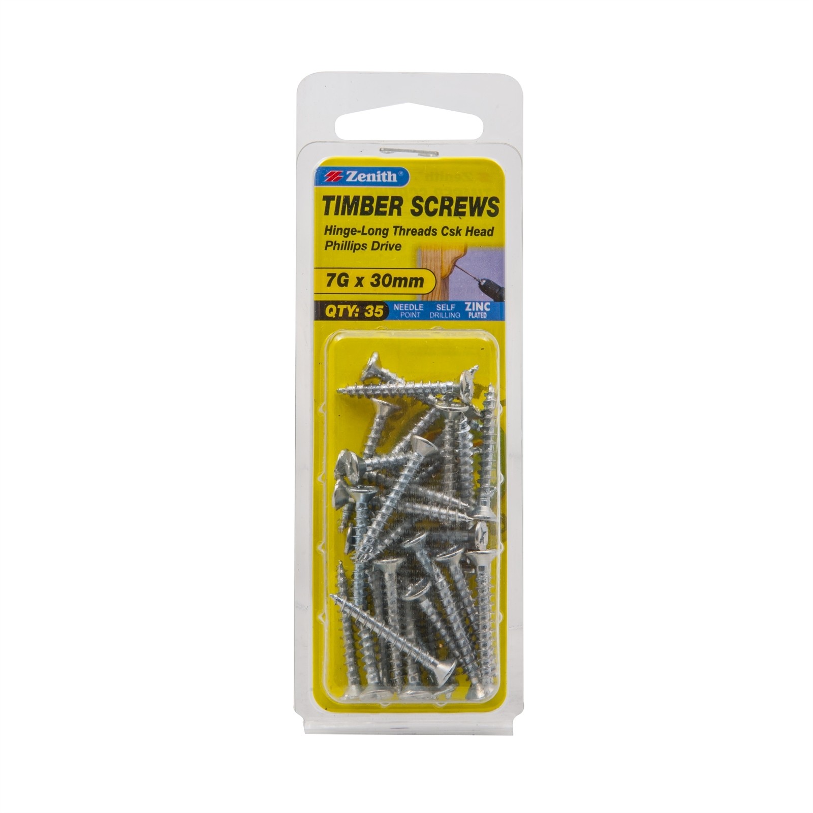 Zenith 7G x 30mm Zinc Plated Hinge-Long Thread Countersunk Head Timber 2 pieces