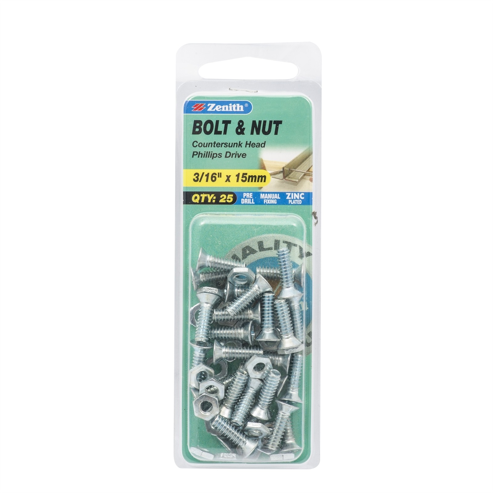 Zenith 3/16" x 15mm Zinc Plated Countersunk Bolt And Nut 2 pcs