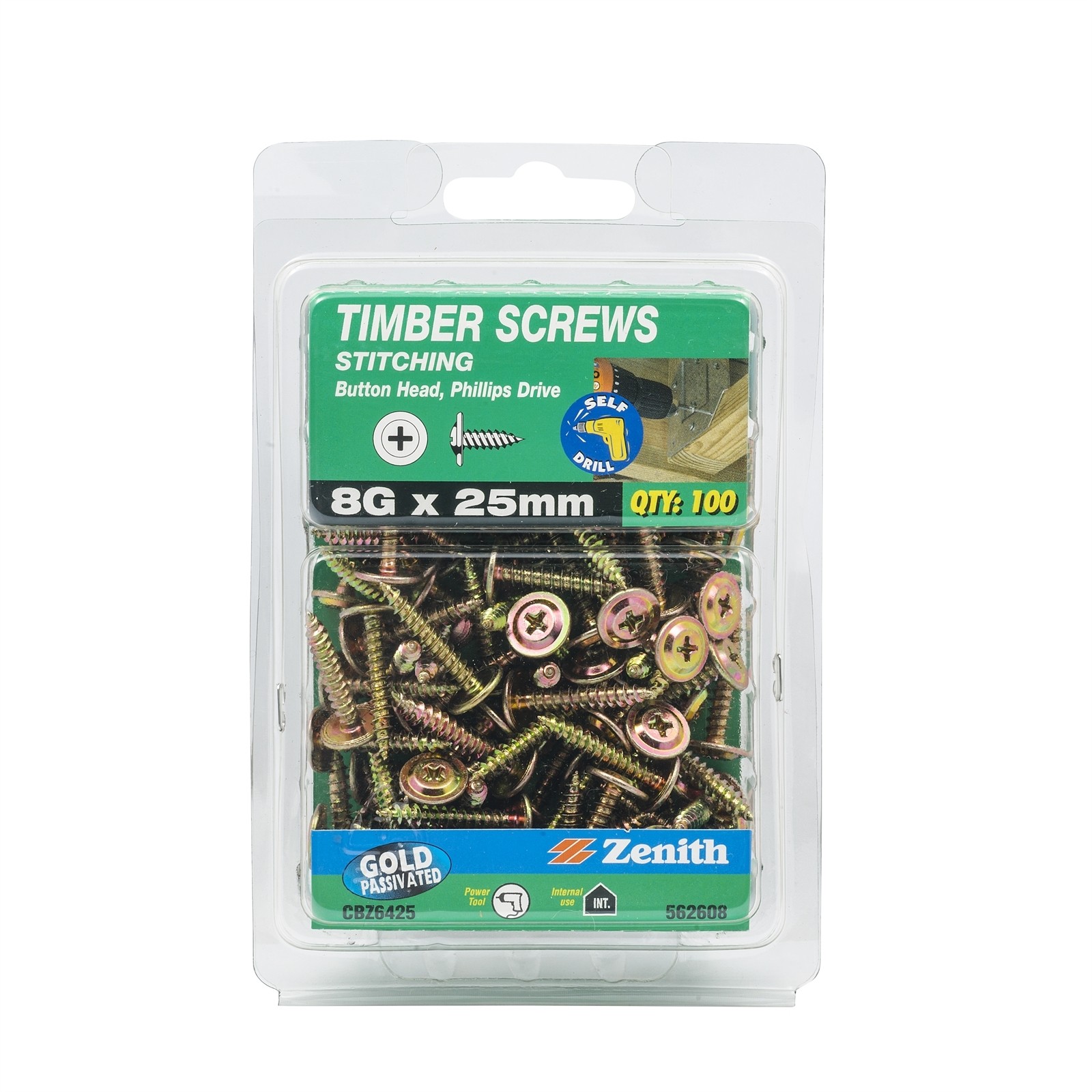 Zenith 8G x 25mm Gold Passivated Button Head Timber Screws - 100 pieces