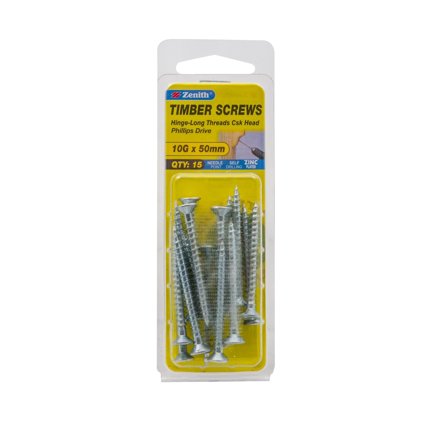 Zenith 10G x 50mm Zinc Plated Hinge-Long Threads Countersunk Head 2 pieces