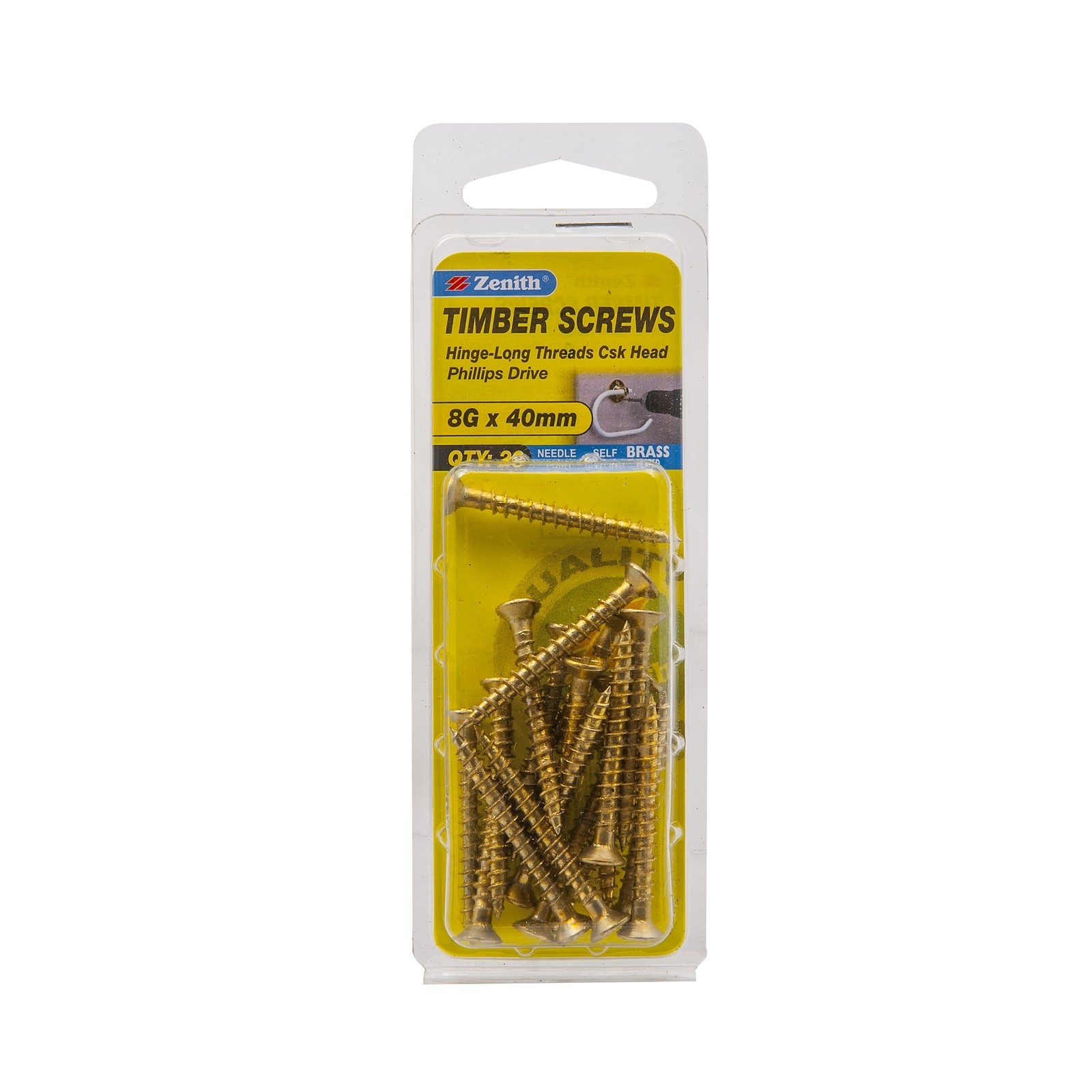 Zenith 8G x 40mm Brass Plated Hinge-Long Threads Countersunk Head 2 pieces