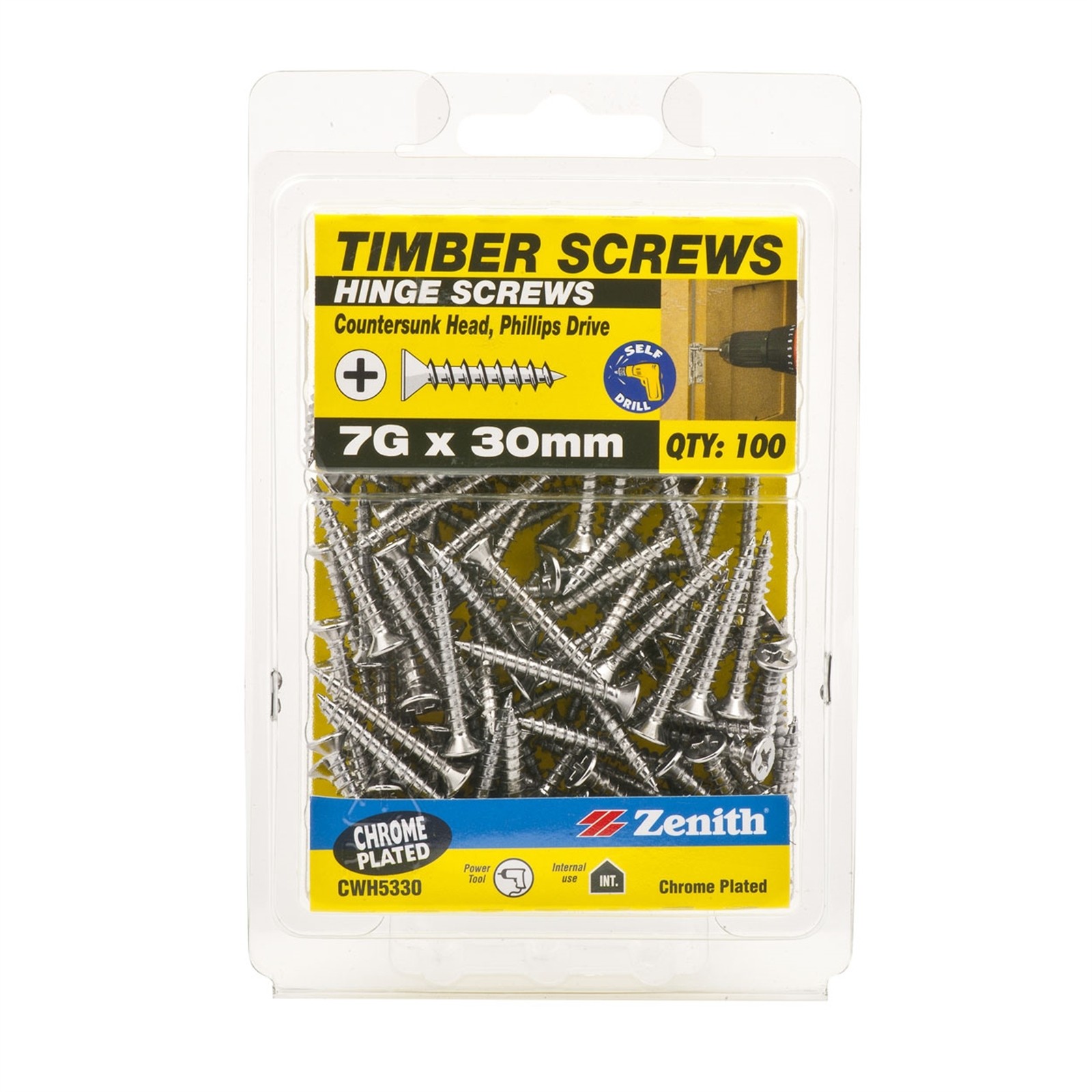 Zenith 7G x 30mm Chrome Plated Countersunk Head Hinge Timber Screws - 100 pieces
