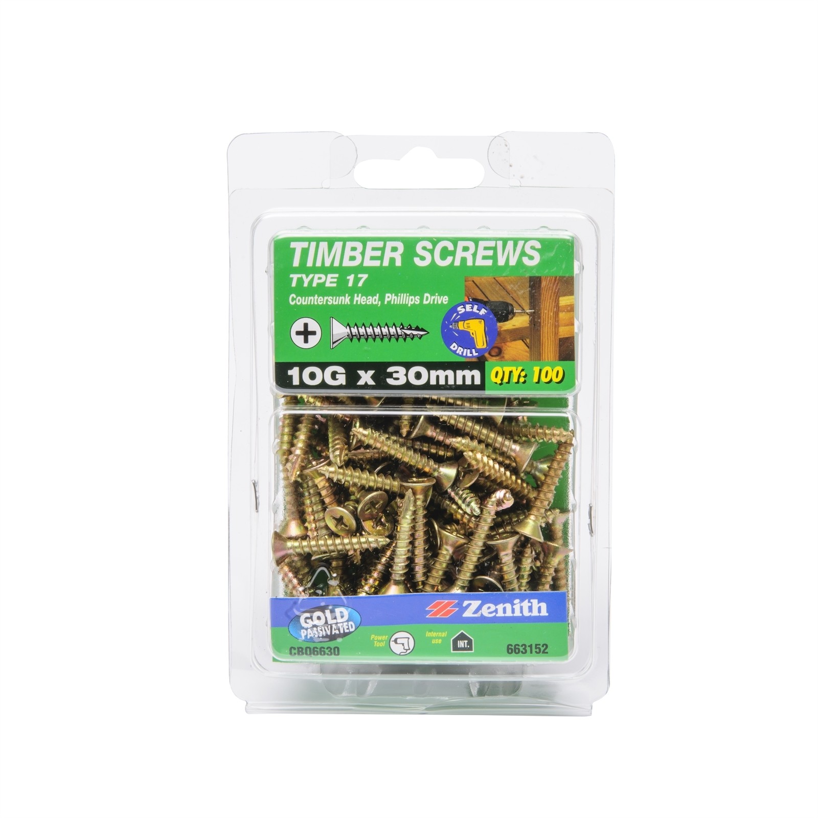 Zenith 10G x 30mm Gold Passivated Type 17 Countersunk Head Timber Screws - 100 P