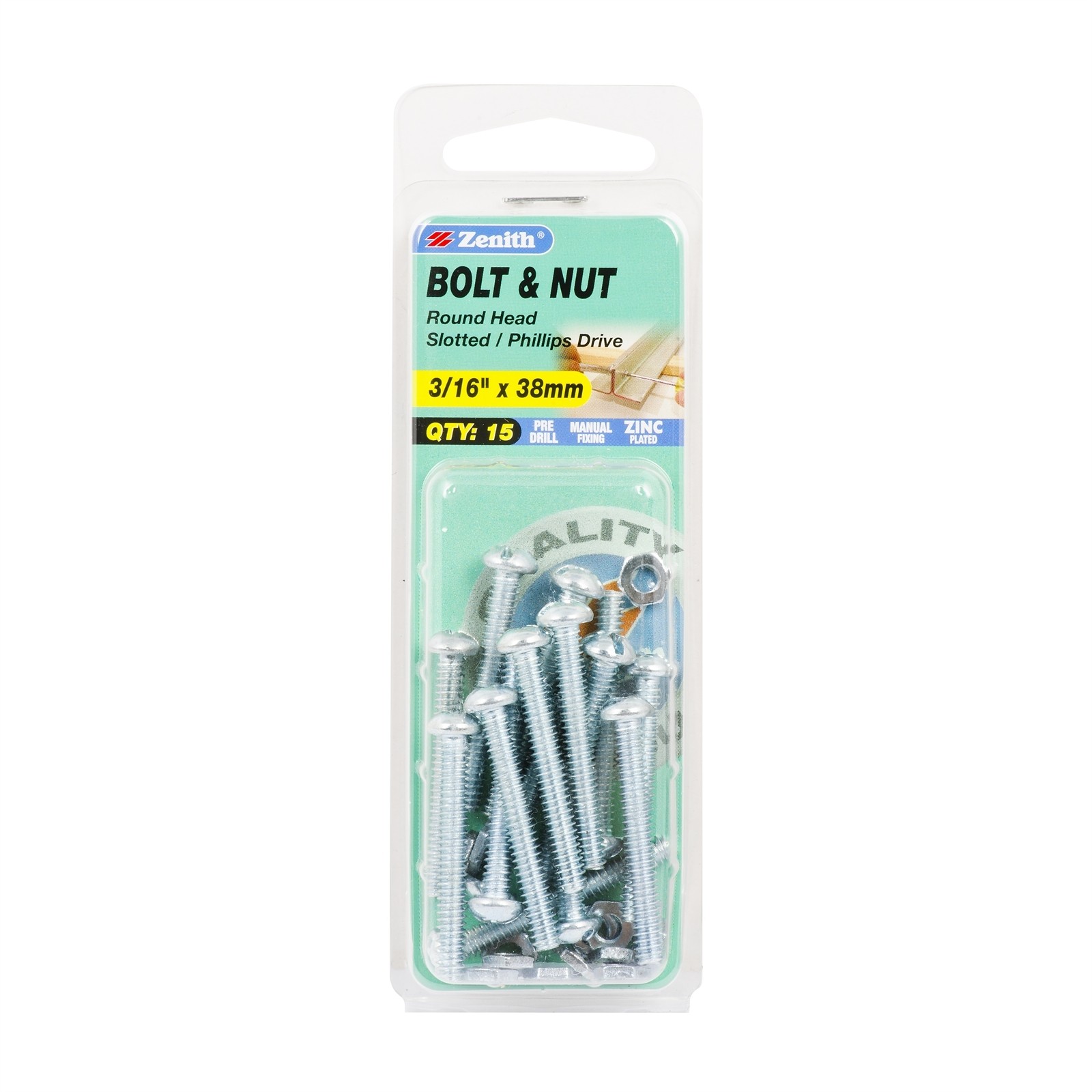 Zenith 3/16" x 38mm Zinc Plated Round Head Bolt And Nut - 15 pieces