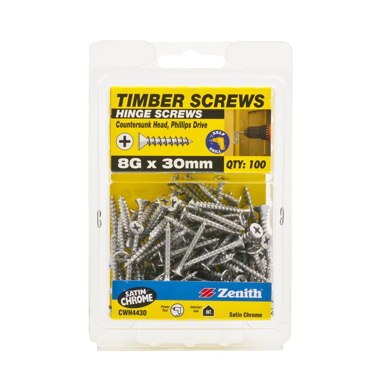 Zenith 8G x 30mm Satin Chrome Countersunk Head Hinge Timber Screws - 100 pieces