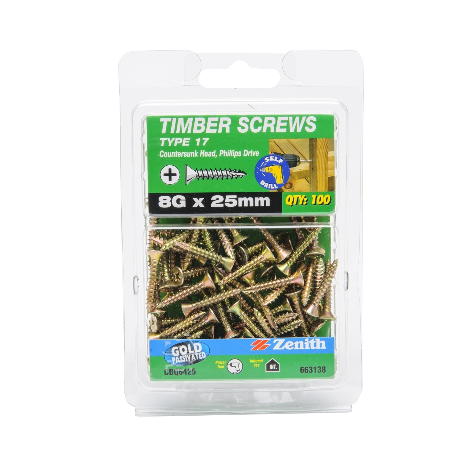 Zenith 8G x 25mm Gold Passivated Type 17 Countersunk Head Timber Screws - 100 Pa