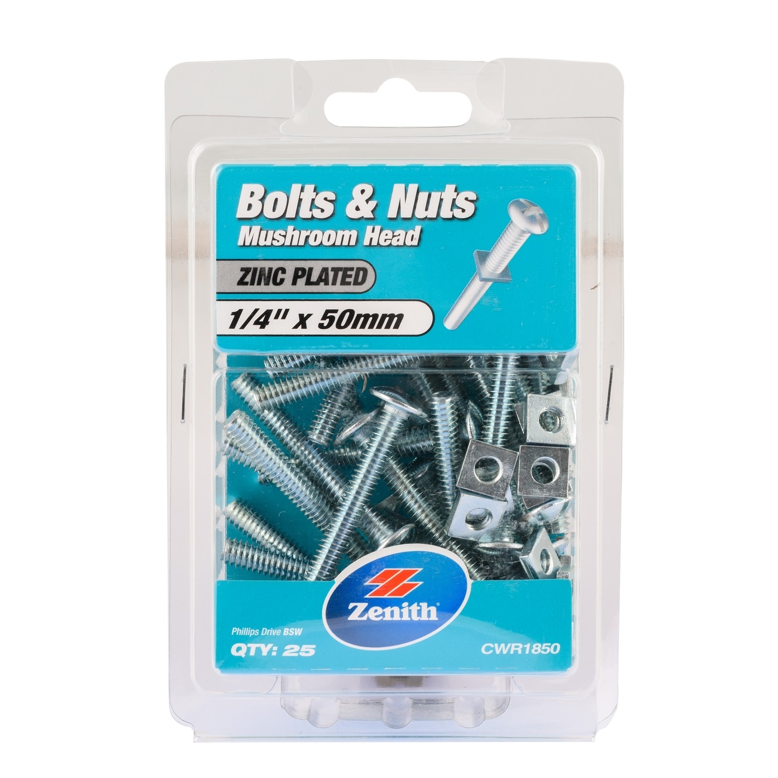 Zenith 1/4" x 50mm Zinc Plated Mushroom Head Bolt And Nut - 25 pieces