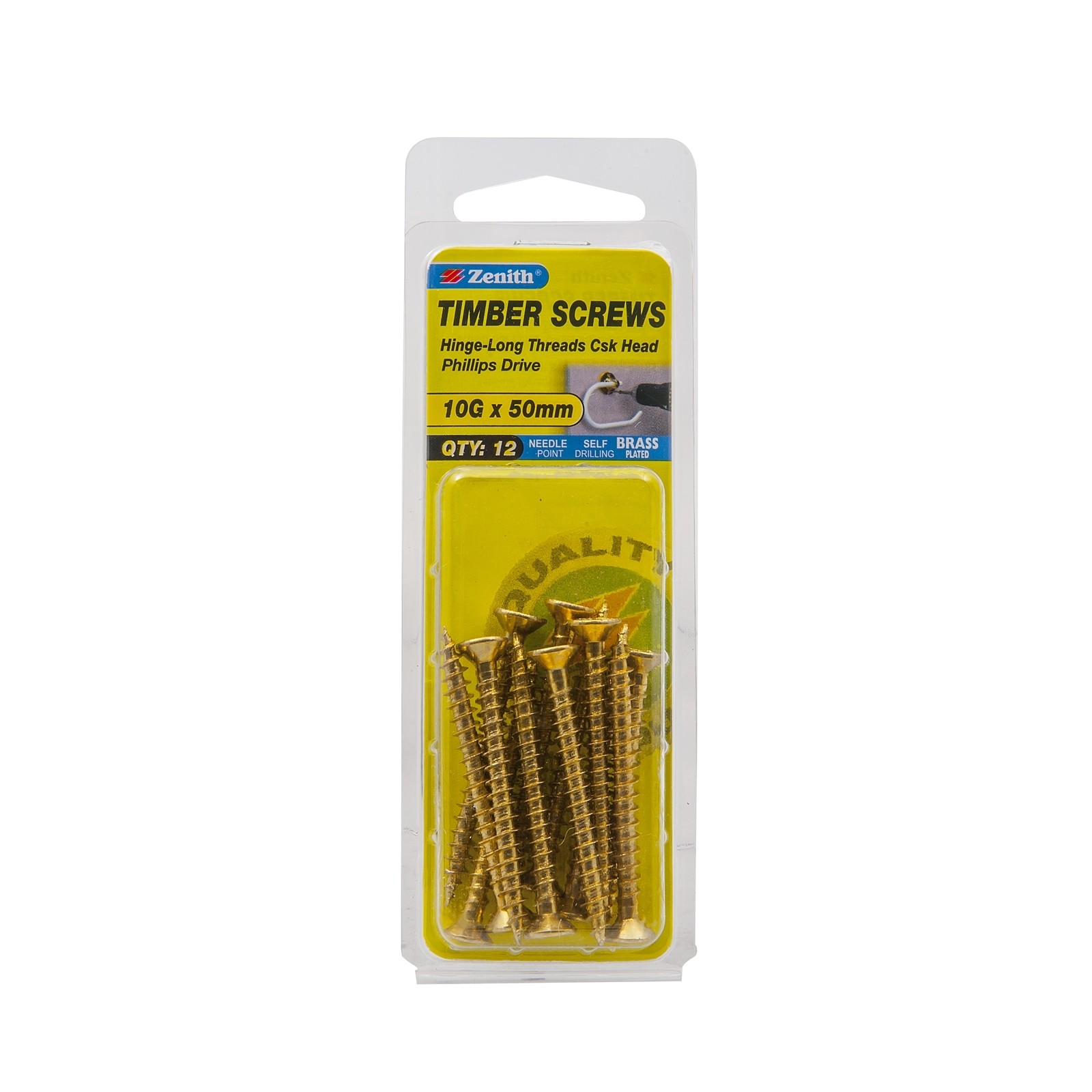 Zenith 10G x 50mm Brass Plated Hinge-Long Threads Countersunk Head 2 pieces