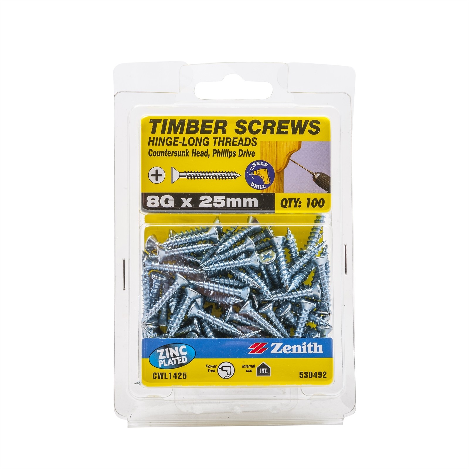 Zenith 8G x 25mm Zinc Plated Hinge-Long Thread Countersunk Head Timber Screws -