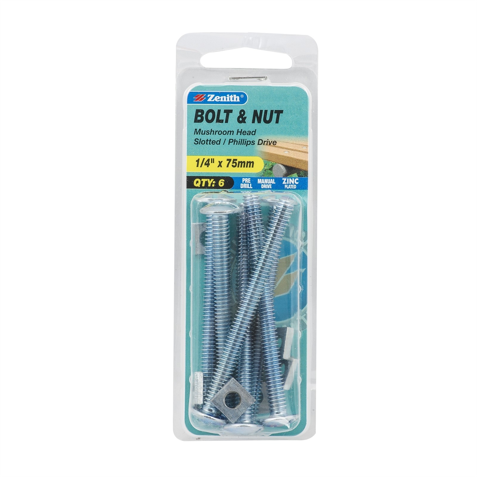 Zenith 1/4" x 75mm Zinc Plated Mushroom Head Bolt And Nut - 6 pieces
