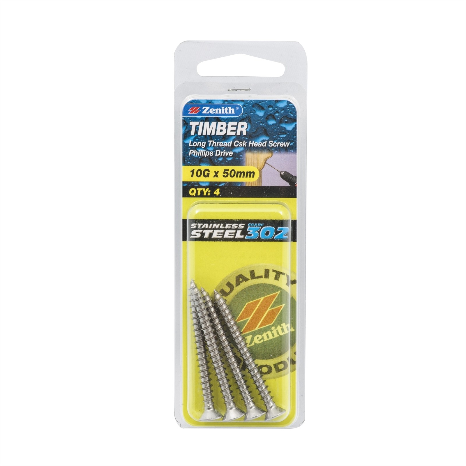 Zenith 10G x 50mm Stainless Steel Long Thread Countersunk Head Timber 2 pcs