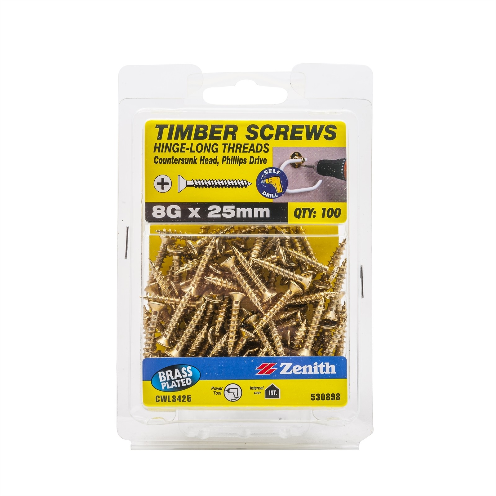 Zenith 8G x 25mm Brass Plated Hinge-Long Thread Countersunk Head Timber Screws -