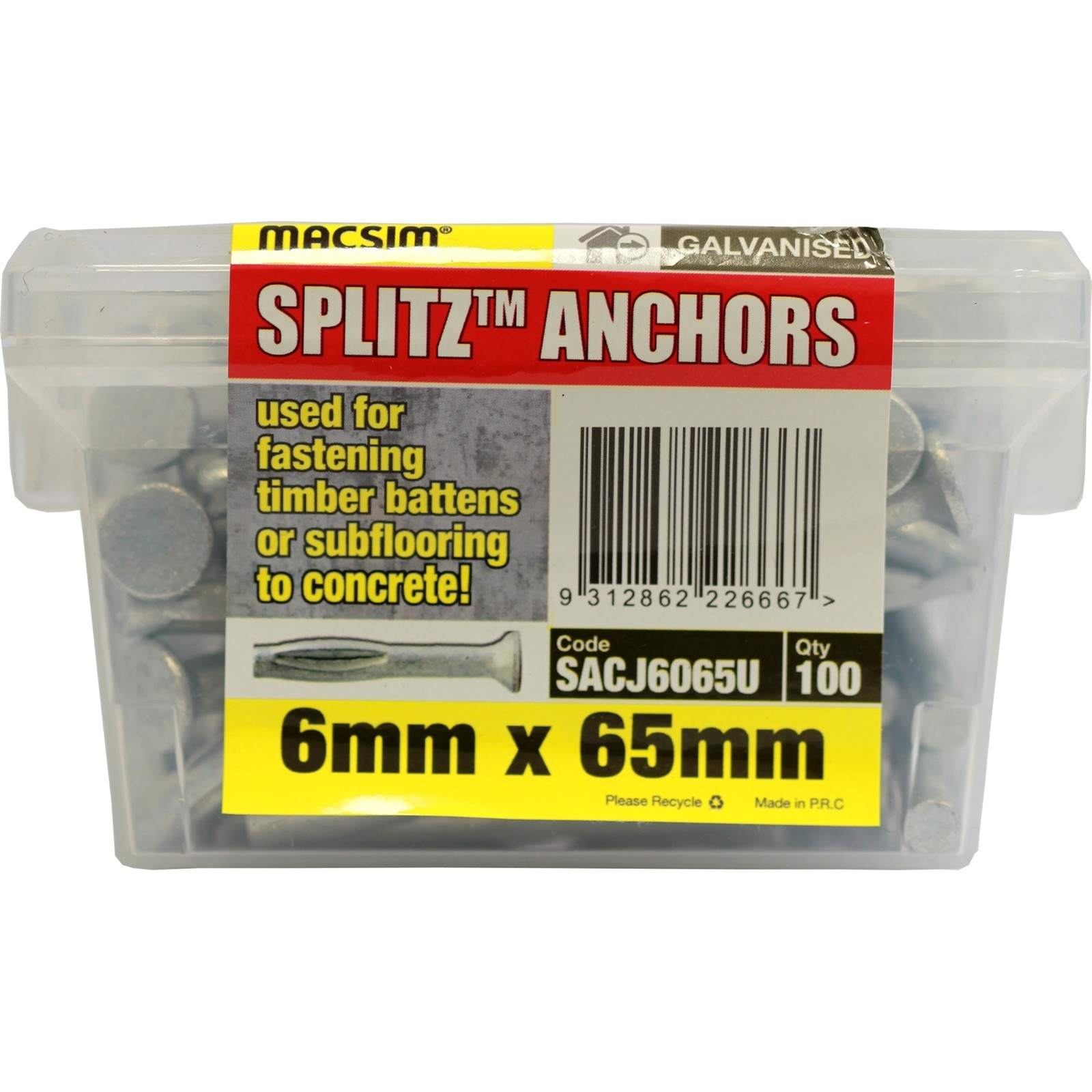 Macsim Masonry 65mm Splitz Anchor Gal - 100 pieces