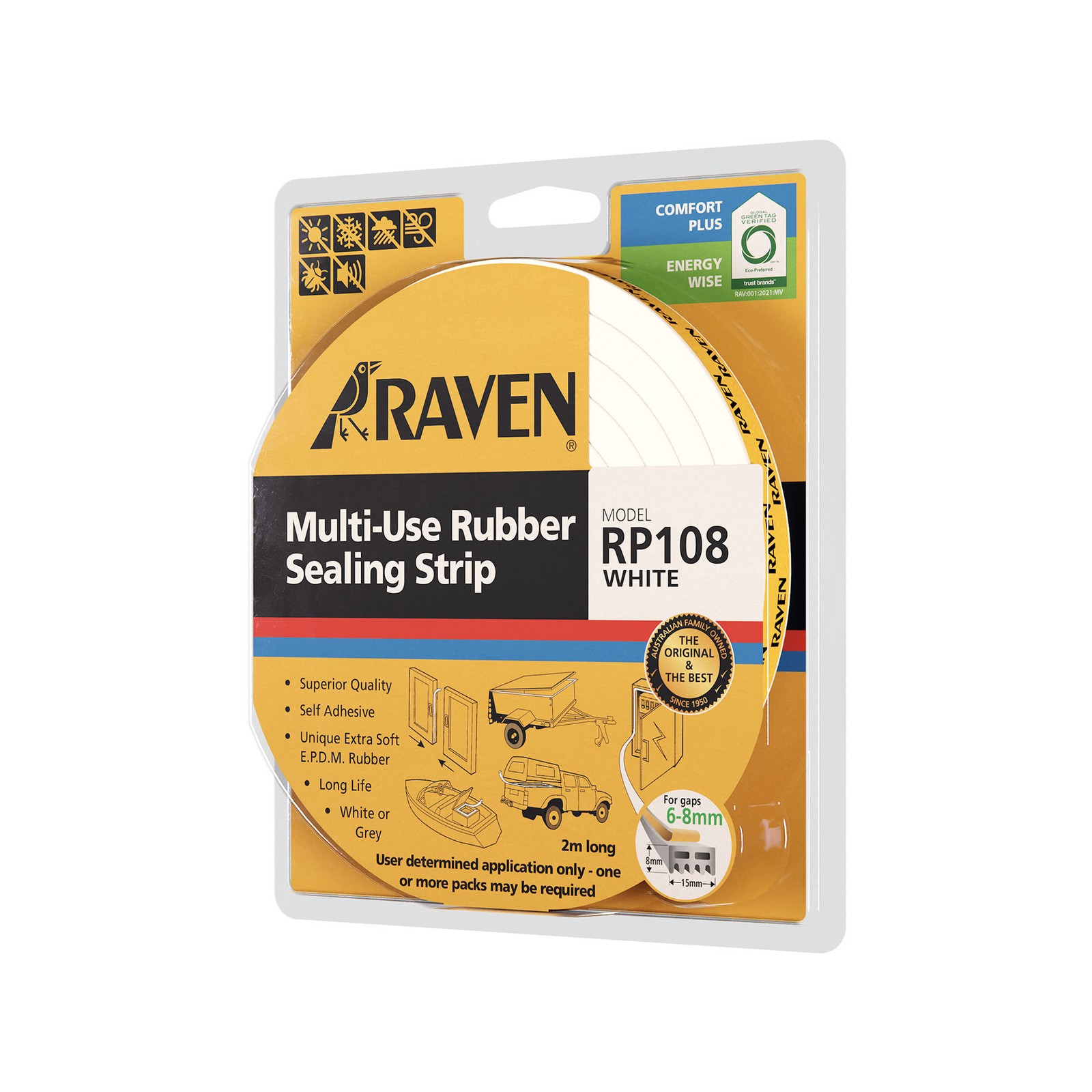 Raven 2000mm White RP108 Self Adhesive Weather Strip - White(3)2 colours
