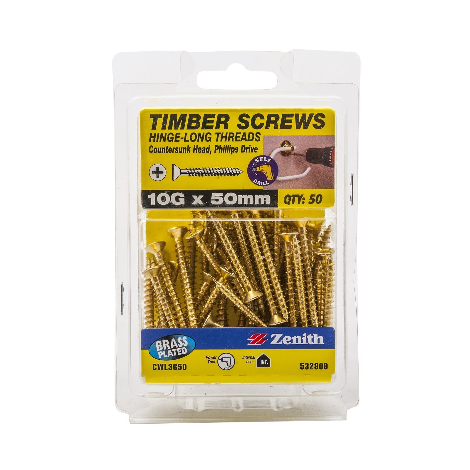 Zenith 10G x 50mm Brass Plated Hinge-Long Thread Countersunk Head Timber Screws