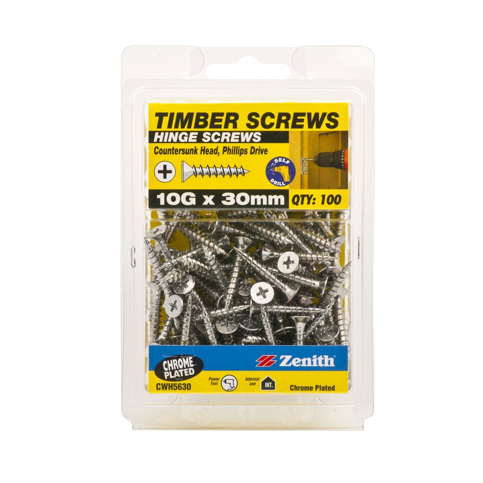 Zenith 10G x 30mm Chrome Plated Countersunk Head Hinge Timber Screw - 100 pieces