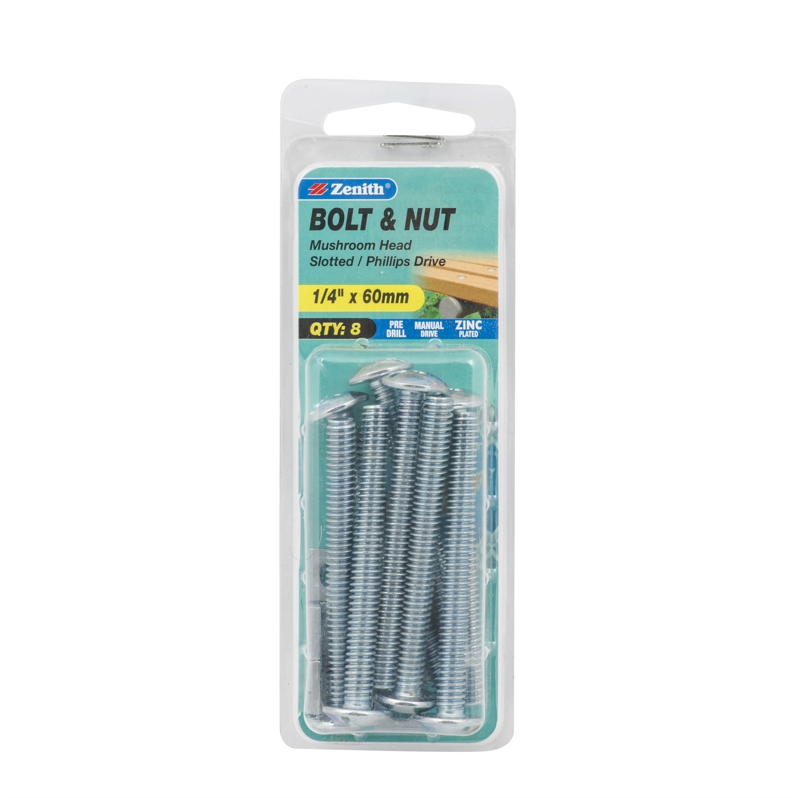 Zenith 1/4" x 60mm Zinc Plated Mushroom Head Bolt And Nut - 8 pieces