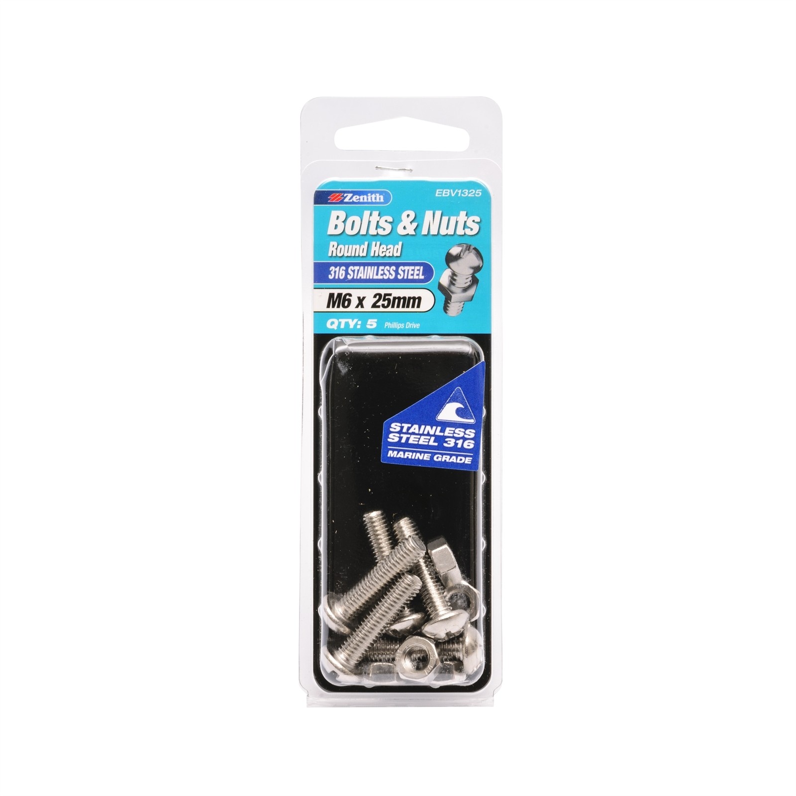 Zenith M6 x 25mm 316 Stainless Steel Round Head Bolt And Nut - 5 pieces