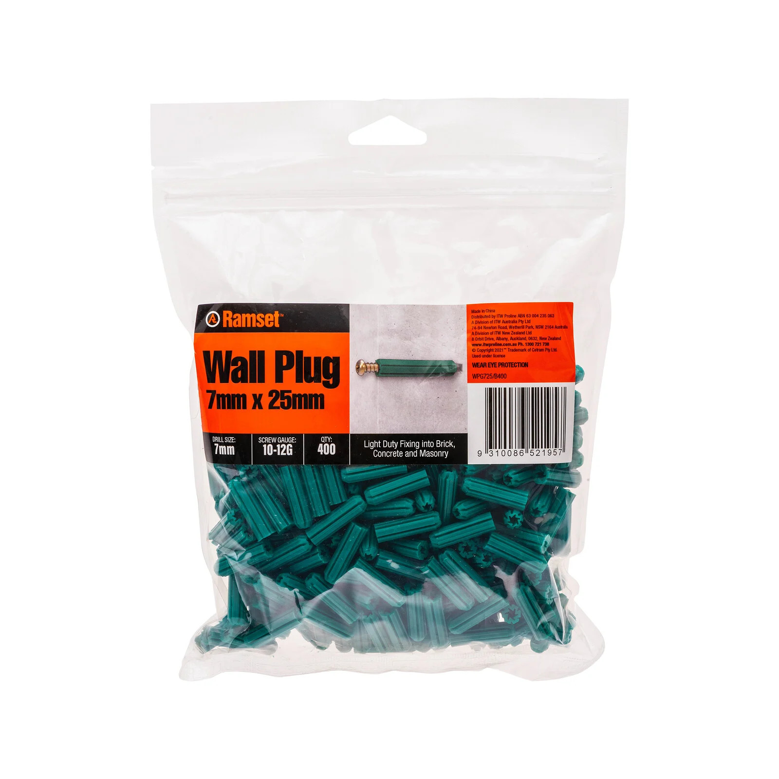 Ramset Green Wall Plugs 7 x 25mm Bg400
