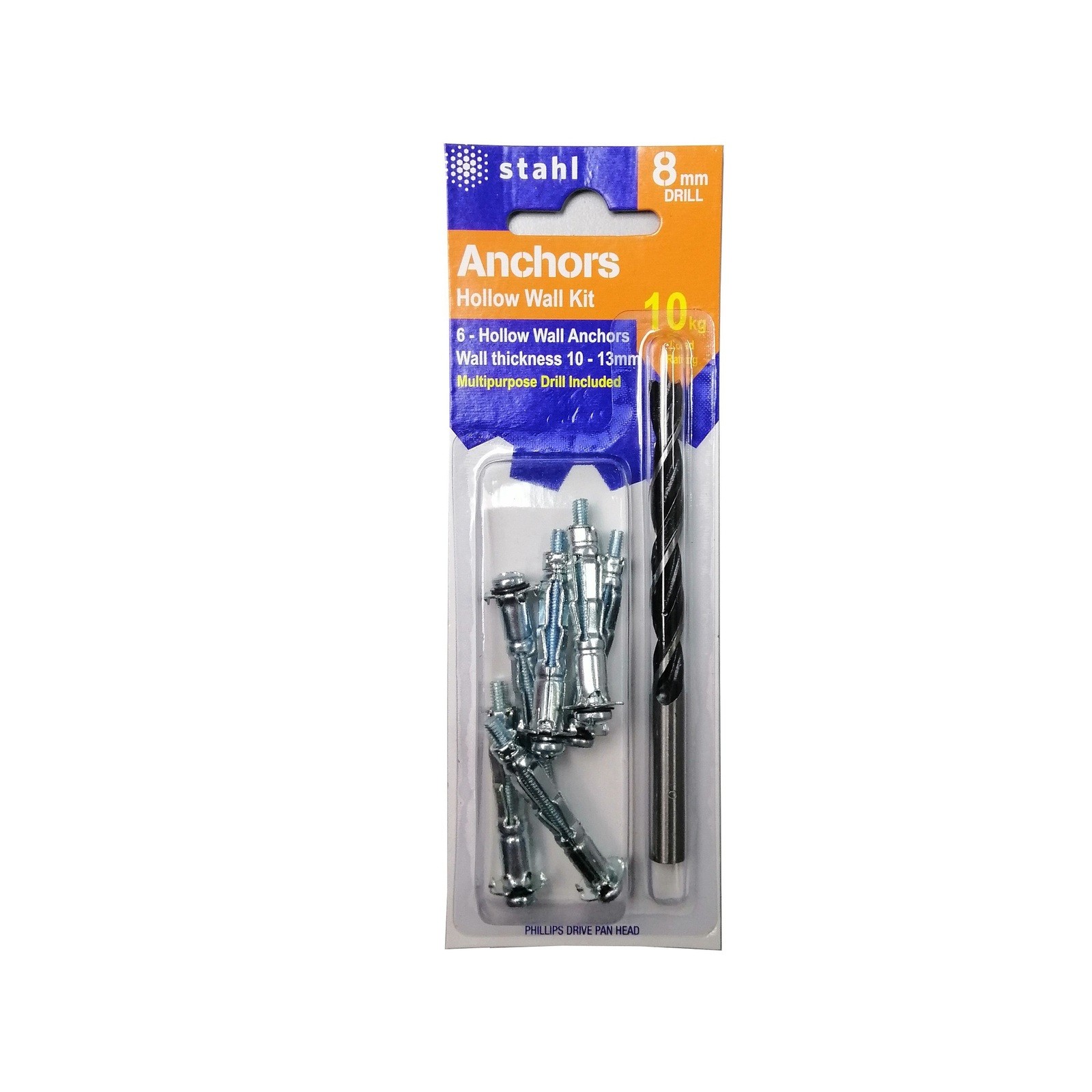 Stahl Hollow Wall Anchor Kit For 10 – 13mm Board With 8mm Drill - 6 pieces