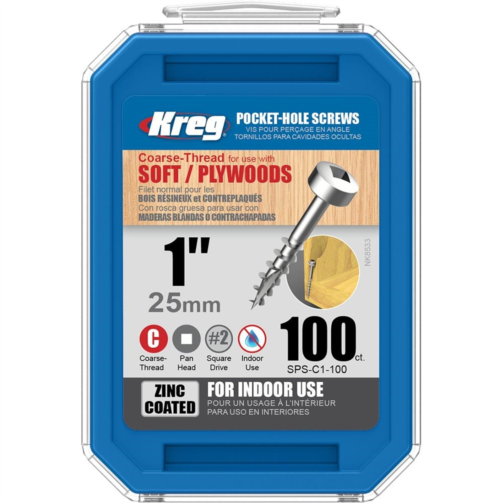 Kreg 1" 25mm 7g Coarse Thread Pan Head Pocket Screws - 100 pieces