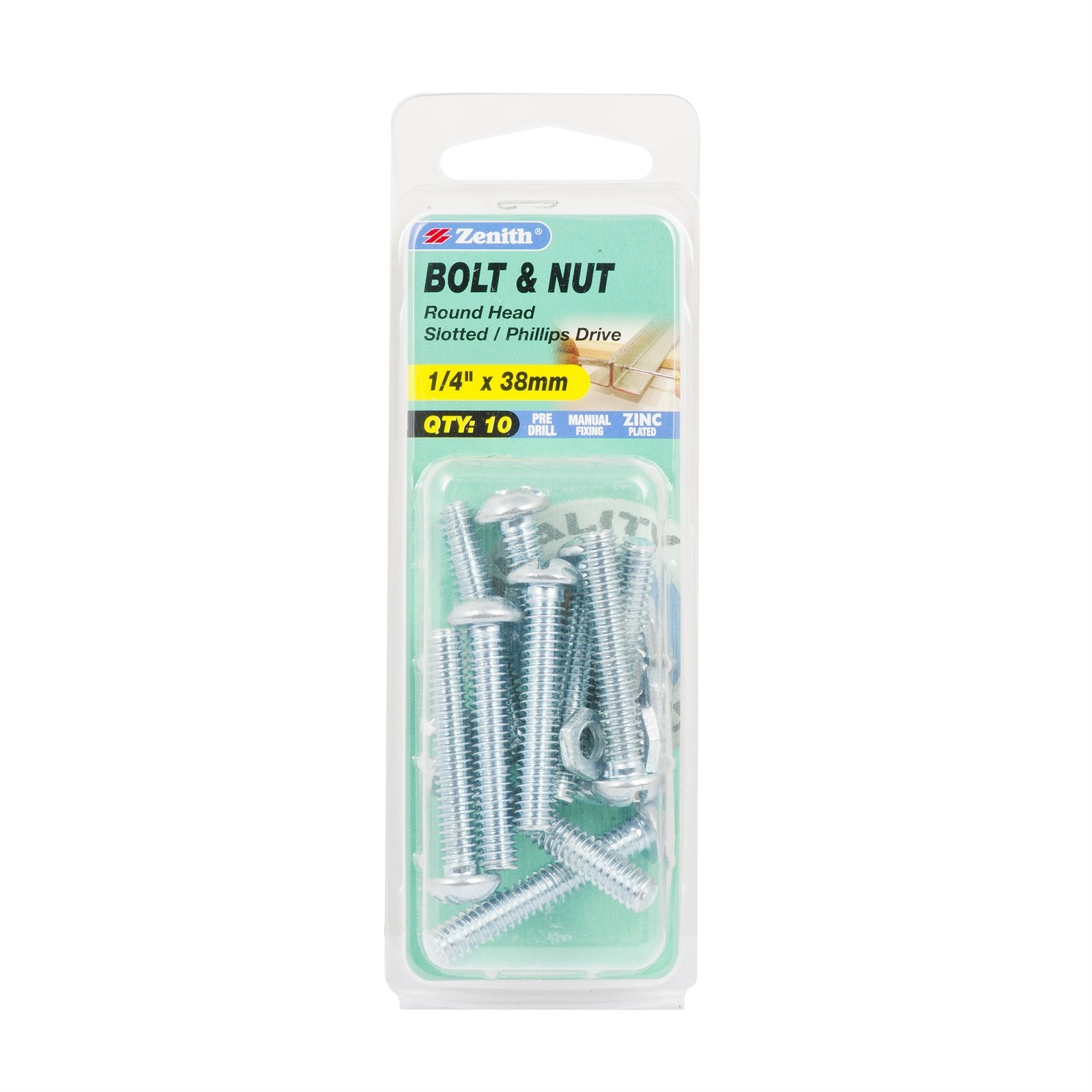 Zenith 1/4" x 38mm Zinc Plated Round Head Bolt And Nut - 10 pieces