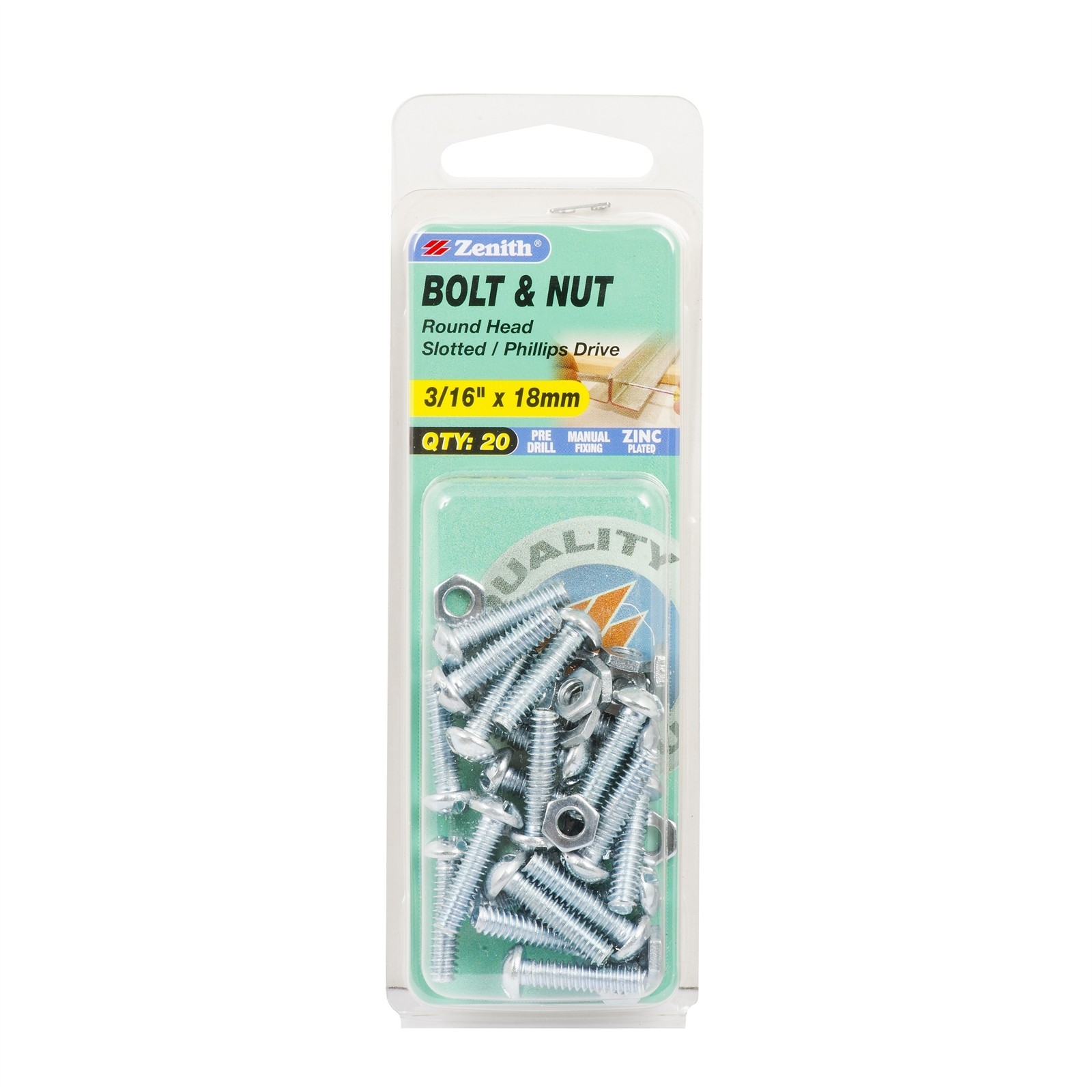 Zenith 3/16" x 18mm Zinc Plated Round Head Bolt And Nut 2 pcs
