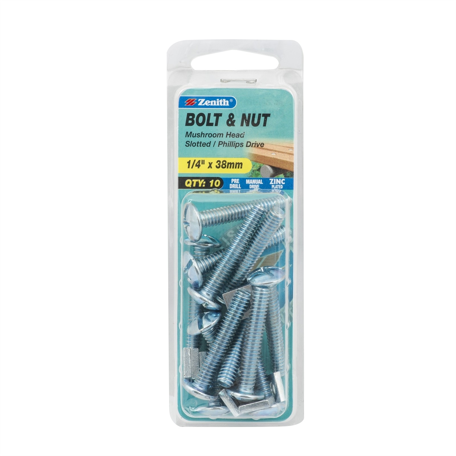 Zenith 1/4" x 38mm Zinc Plated Mushroom Head Bolt And Nut - 10 pieces