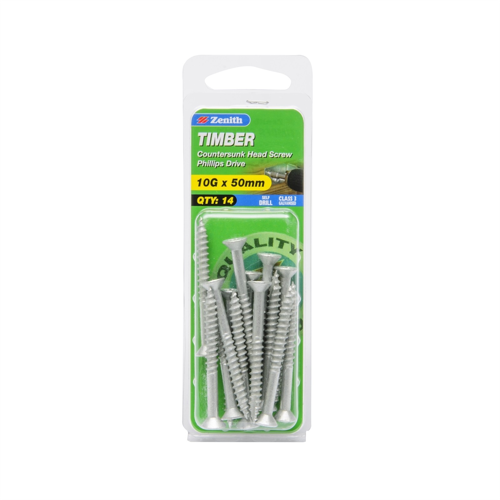 Zenith 10G x 50mm Galvanised Countersunk Head Timber Screws - 14 pieces
