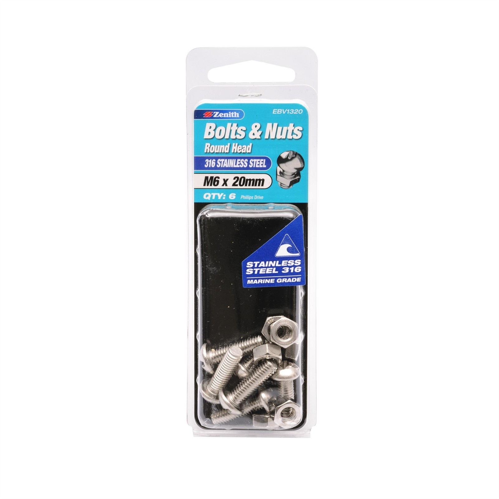 Zenith M6 x 20mm 316 Stainless Steel Round Head Bolt And Nut - 6 pieces