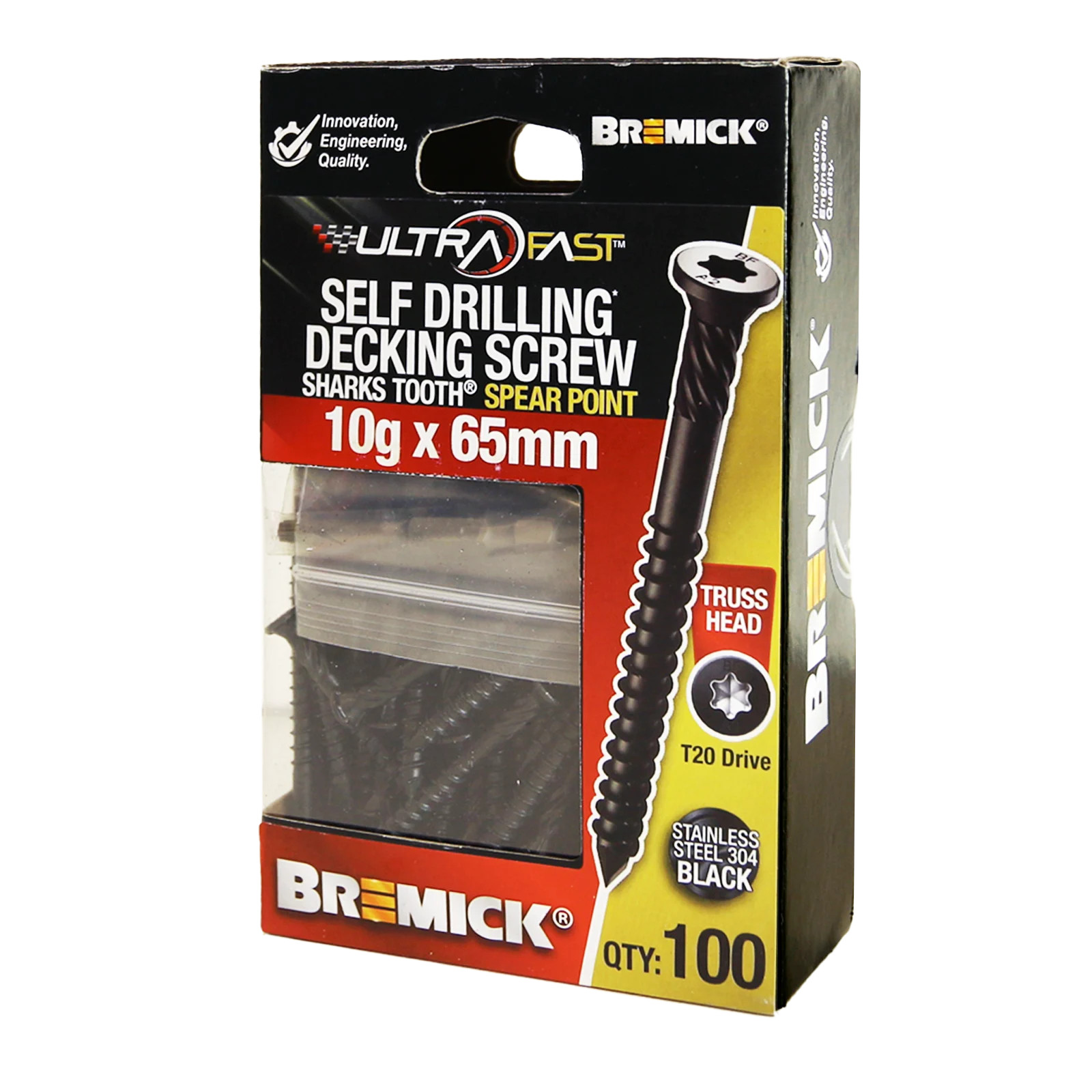 Bremick Ultrafast 10g x 65mm Stainless Steel 304 Black T20 Truss - 100 pieces