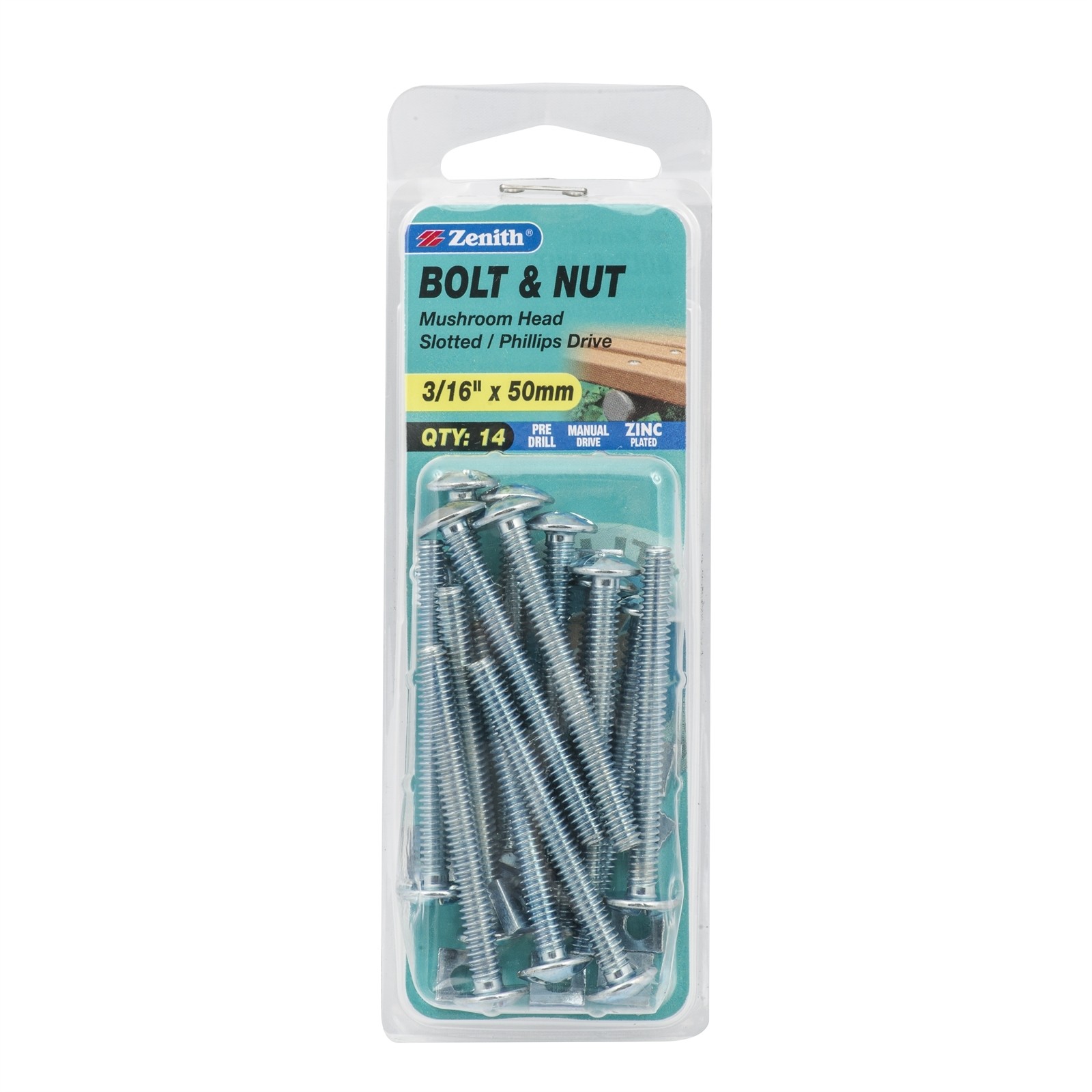 Zenith 3/16" x 50mm Zinc Plated Mushroom Head Bolt And Nut - 14 pieces