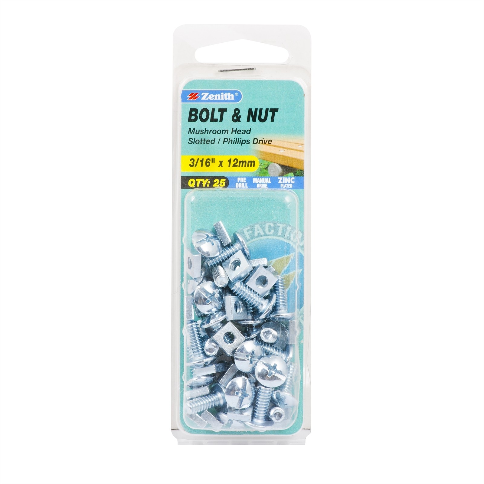 Zenith 3/16" x 12mm Zinc Plated Mushroom Head Bolt And Nut - 25 pieces