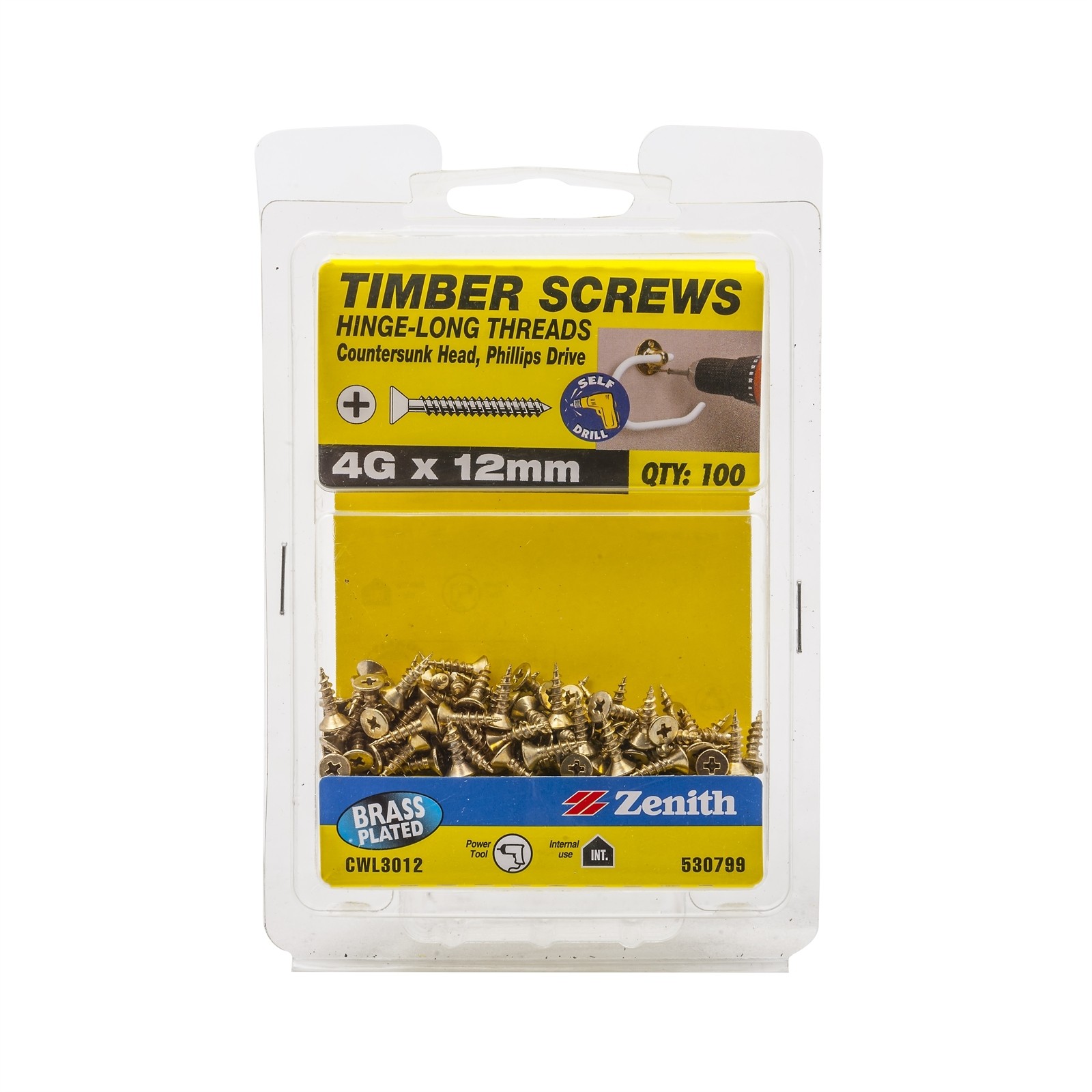 Zenith 4G x 12mm Brass Plated Hinge-Long Thread Timber Screws - 2 pieces
