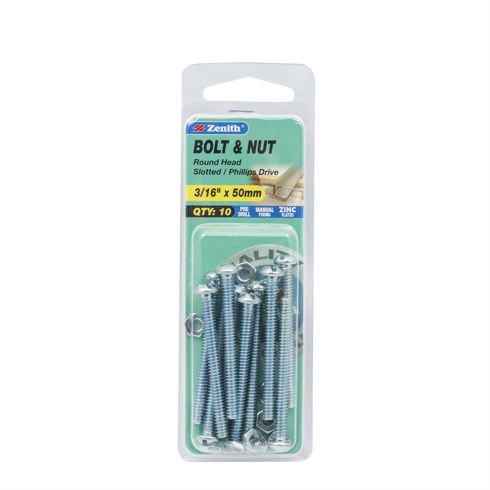 Zenith 3/16" x 50mm Zinc Plated Round Head Bolt And Nut - 10 pieces