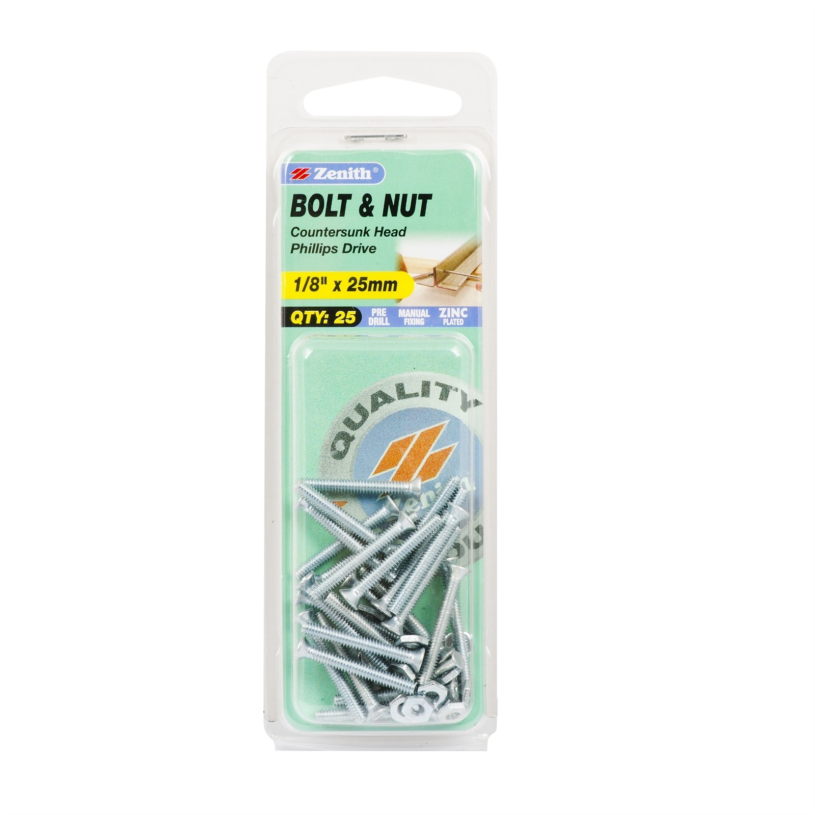 Zenith 1/8" x 25mm Zinc Plated Countersunk Bolt And Nut 2 pcs