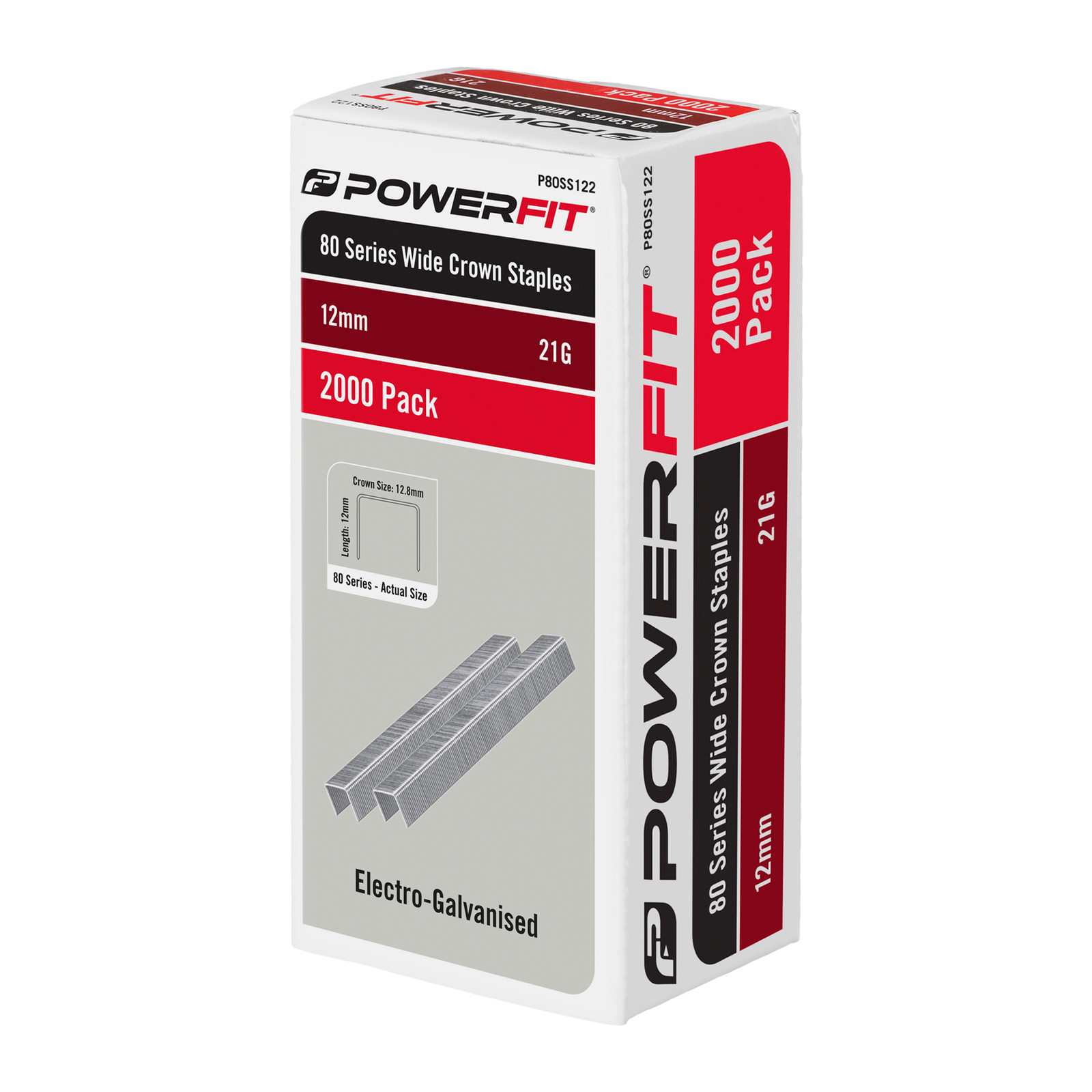 PowerFit 12mm 80 Series Electro-Galvanised Wide Crown Staples - 2000 pieces