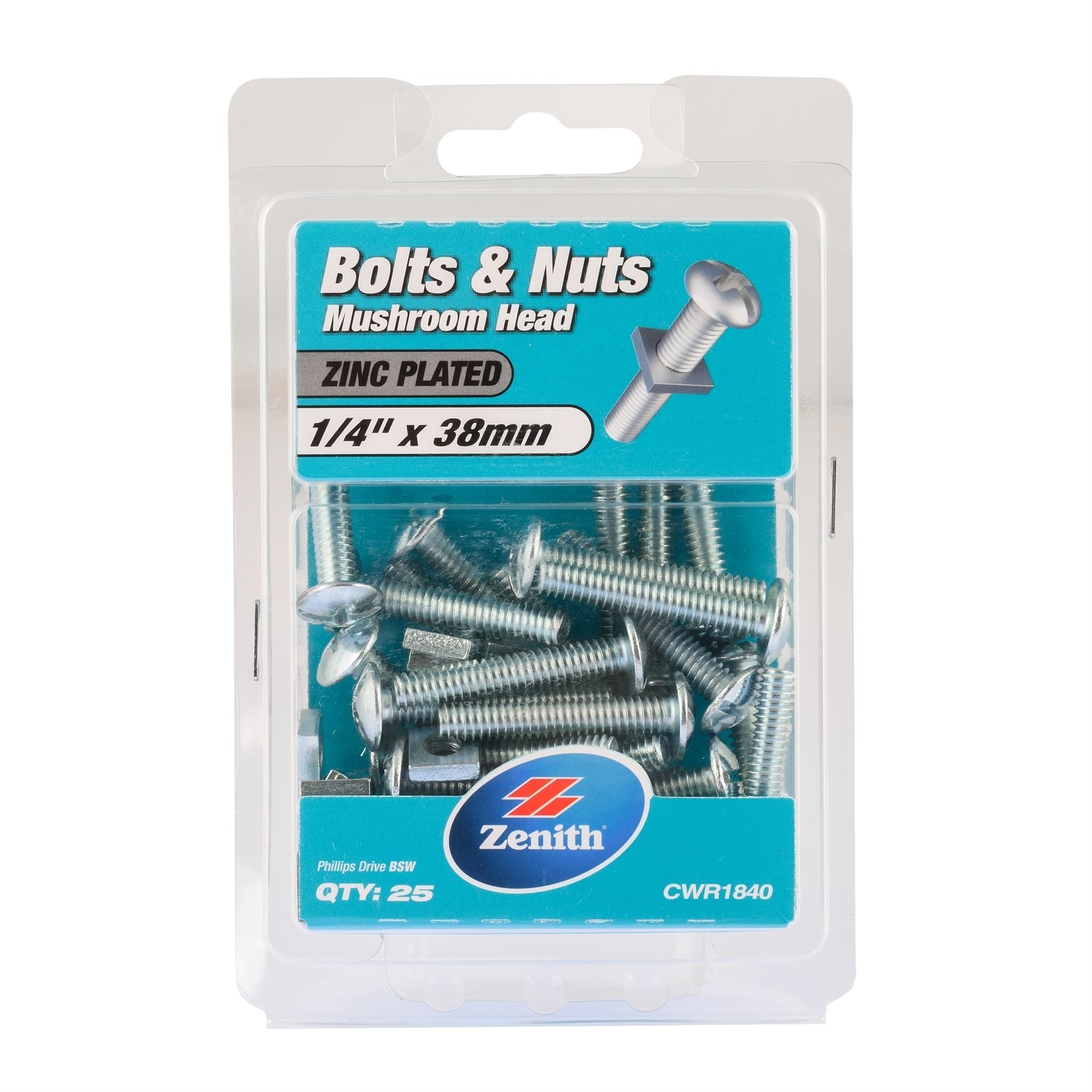 Zenith 1/4" x 38mm Mushroom Head Bolt And Nut - 25 pieces