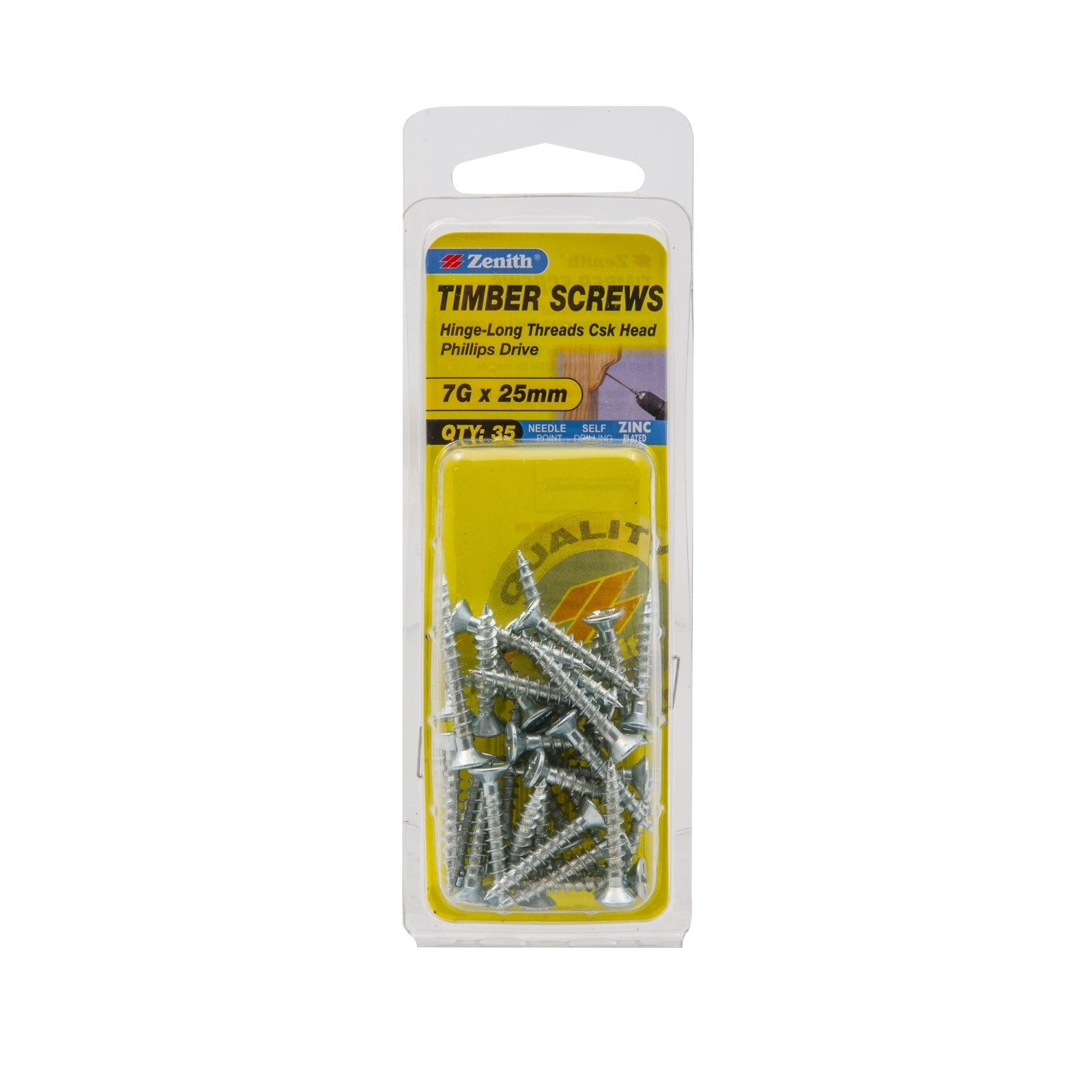 Zenith 7G x 25mm Zinc Plated Hinge-Long Thread Countersunk Head Timber 2 pieces