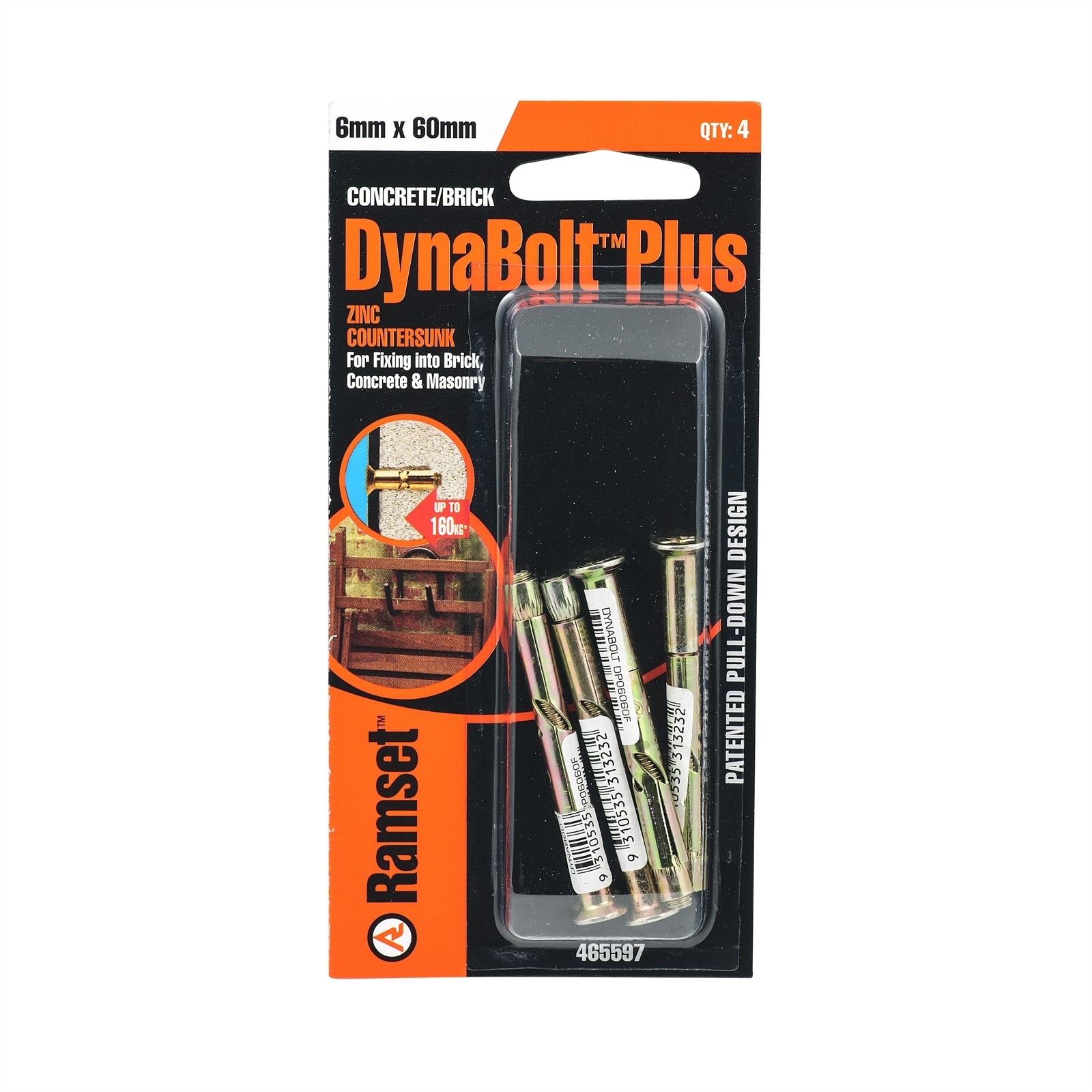 Ramset 6 x 60mm DynaBolt Plus Flat Head Bolt - 4 pieces