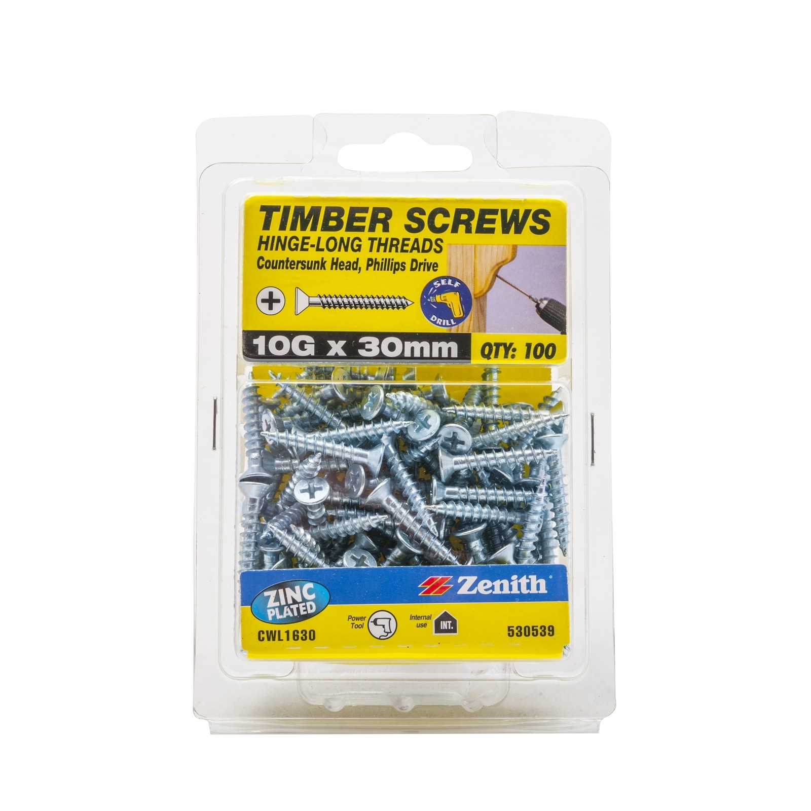 Zenith 10G x 30mm Zinc Plated Hinge-Long Thread Countersunk Head Timber Screws -