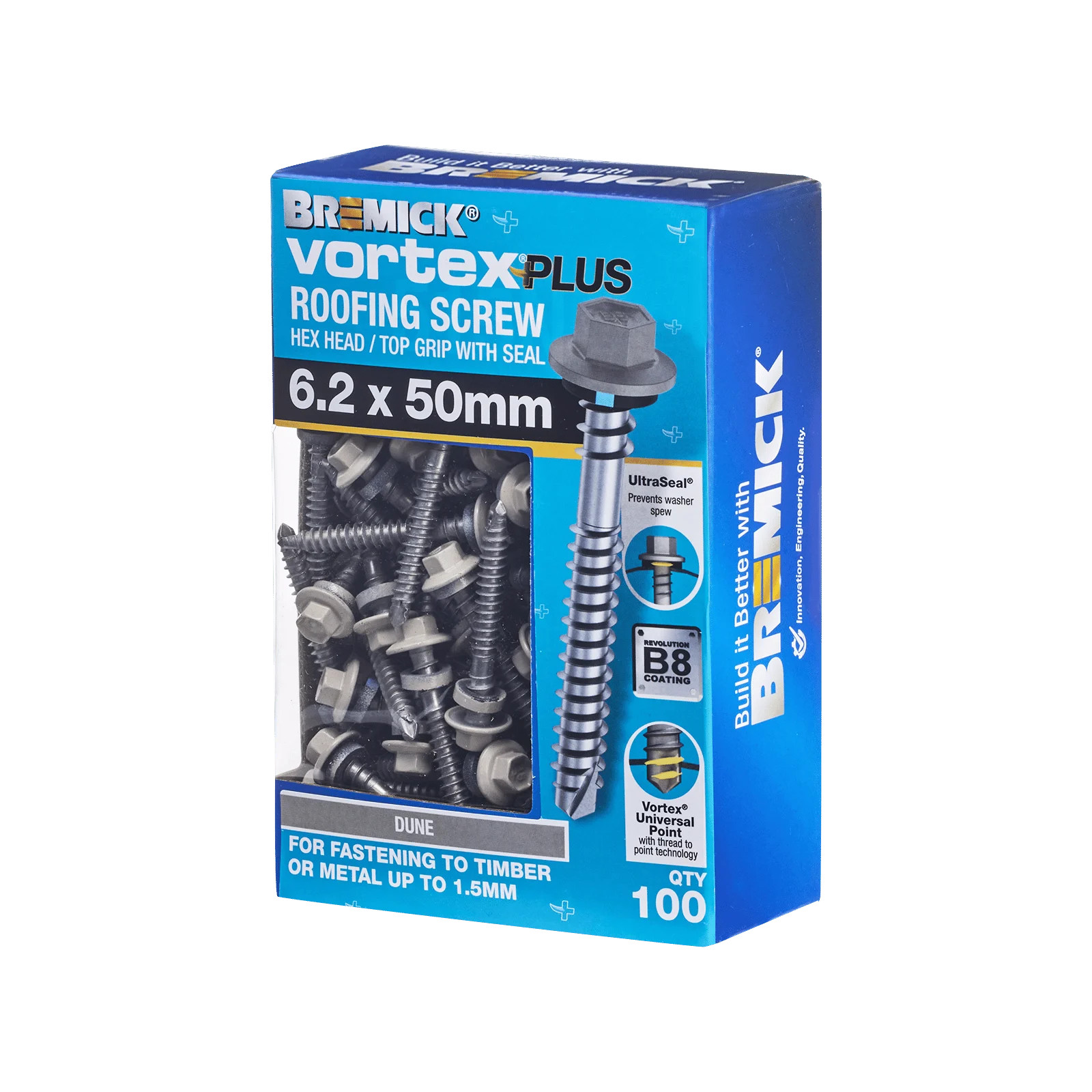Bremick Vortex Plus Roofing Screw 6.2 x 50mm HEX B8 DU BOX 100 716959