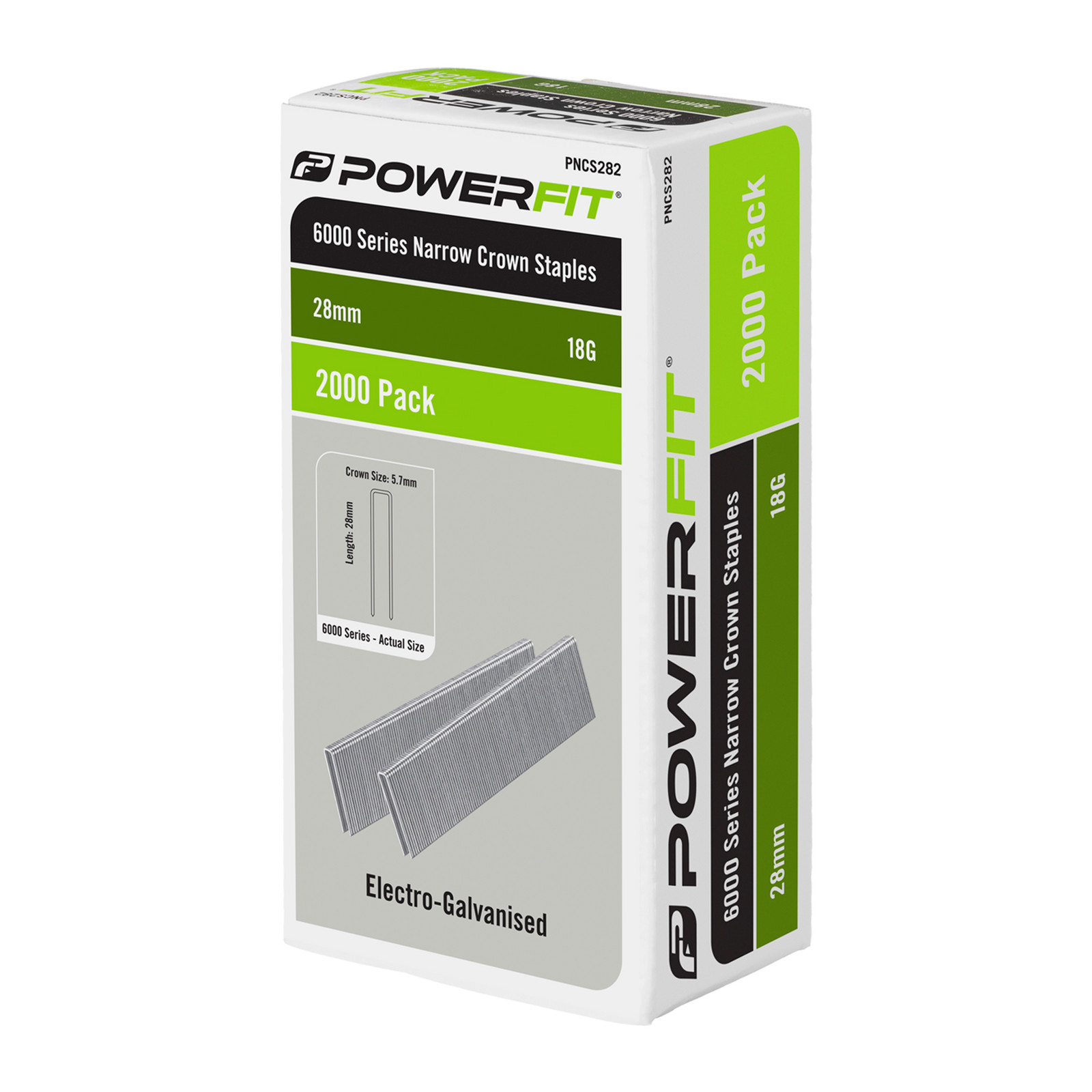 PowerFit 28mm 6000 Series Electro-Galvanised Narrow Crown Staples - 2000 pieces